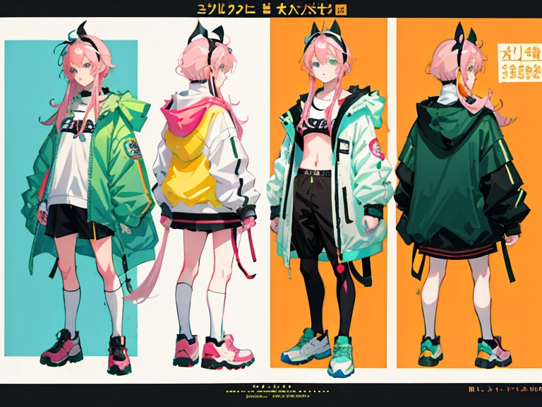 supreme， green down jacket，lime color hair，pink eyes，Standing on your feet，submachine gun，Chinese girl design，Detailed Genshin graphics，anime character design，anime concept art，pretty anime character design，anime character reference sheet，[Character design]，Character Sheets, Three types，Shot Full Body，Game Character Design，than a small flying moon，Girl in sunglasses and beans，Victorizo ∨TSE∨，Orange background,Stylistic expression, Character Sheets, Three types，Shot Full Body，Game Character Design，Victorizo ∨TSE∨,Stylistic expression, pastel colors, green, Toxic Green, absurdress, Full of Details,2 d anime style, anime moe art style, Jazz & Increased, cute art style, Anime-style illustration, pixiv style, pixiv, in anime style, anime art style, Full Body Commission, neon colors, neon green, The same character, absurdress,traditional Chinese clothing,Full of Details, ((Character design sheet,same character,front,side,backboob)),illustartion, big weapon, Cyborg, baggy clothes, bright pink, long pink hair, baggy clothes ， Snowman padded jacket，anime character reference sheet，[character design]，full height
