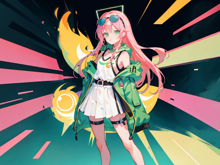 supreme， green down jacket，lime color hair，pink eyes，Standing on your feet，submachine gun，Chinese girl design，Detailed Genshin graphics，anime character design，anime concept art，pretty anime character design，anime character reference sheet，[Character design]，Character Sheets, Three types，Shot Full Body，Game Character Design，than a small flying moon，Girl in sunglasses and beans，Victorizo ∨TSE∨，Orange background,Stylistic expression, Character Sheets, Three types，Shot Full Body，Game Character Design，Victorizo ∨TSE∨,Stylistic expression, pastel colors, green, Toxic Green, absurdress, Full of Details,2 d anime style, anime moe art style, Jazz & Increased, cute art style, Anime-style illustration, pixiv style, pixiv, in anime style, anime art style, Full Body Commission, neon colors, neon green, The same character, absurdress,traditional Chinese clothing,Full of Details, ((Character design sheet,same character,front,side,backboob)),illustartion, big weapon, Cyborg, baggy clothes, bright pink, long pink hair, baggy clothes ， Snowman padded jacket，anime character reference sheet，[character design]，full height