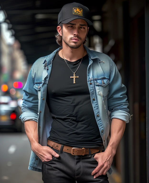 White male model standing on the street, detailed, trending on artstation, wearing a plain black shirt, no jacket, black jeans with rips in knees, black trucker hat, black military boots, auburn, brown eyes, sporty body, messy hair, light long hair, two silver cuban link chain necklaces one necklace with cross pendant,20 years old, male, extreme realistic, high quality, very detailed, dramatic lighting, digital art trends on Artstation 8k HD detailed realistic, detailed, skin texture, super detailed, realistic skin texture, armature, best quality, super high res, high resolution, detailed, raw photo, sharp re, by lee jeffries nikon d850 film stock photograph 4 kodak portra 400 camera f1.6 lens rich colors hyper realistic lifelike texture dramatic lighting unrealengine trending on artstation cinestill 800, full view