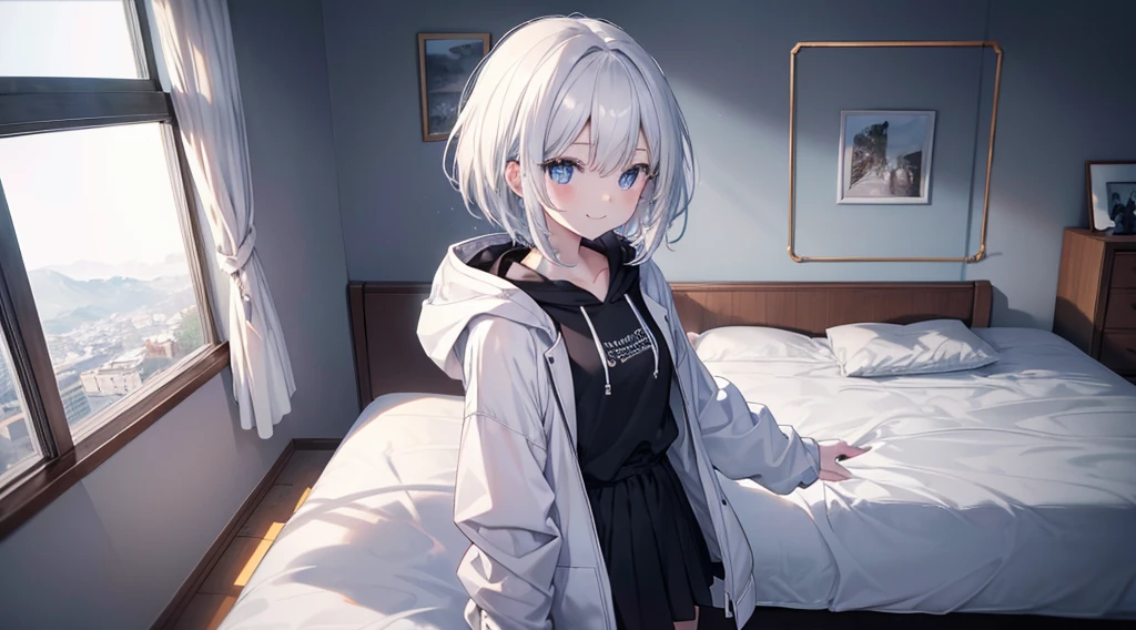 Ultra-high image quality,Look at viewers, hands behind back, girl with, 20 years old, Very short hair, long bangs between eyes, pale blue eyes, Hoodie, Skirt , Extremely detailed,(masterpiece、top-quality)、独奏、White hair、A smile、White skin as clear as snow、Fantastical, Silver hair, Black eyes, Beautiful eyes,, Ecstasy, charmed, be smitten with audience, Hoodie, White hoodie,a black skirt,Hair is short,look down from above,(masutepiece, Best Quality:1.1),独奏, 1girll, Curve,White jacket, Casual style,Open jacket, Cowboy Shot、独奏、Fluttering hair、a small face、hason、Bright smile、(parka、White sneakers)、(Fine fingers、Human hand)、(Detailed face) 、(top-quality: 1.4、tmasterpiece、 hyper HD、 Top resolution,、Very detailed、 profetional lighting、 Gray Light Lighting,fantastic landscape, Sunlight,on the beds,inside in room