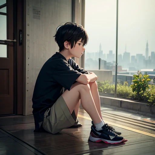 A boy sitting on his knees and looking into the distance。Alone。