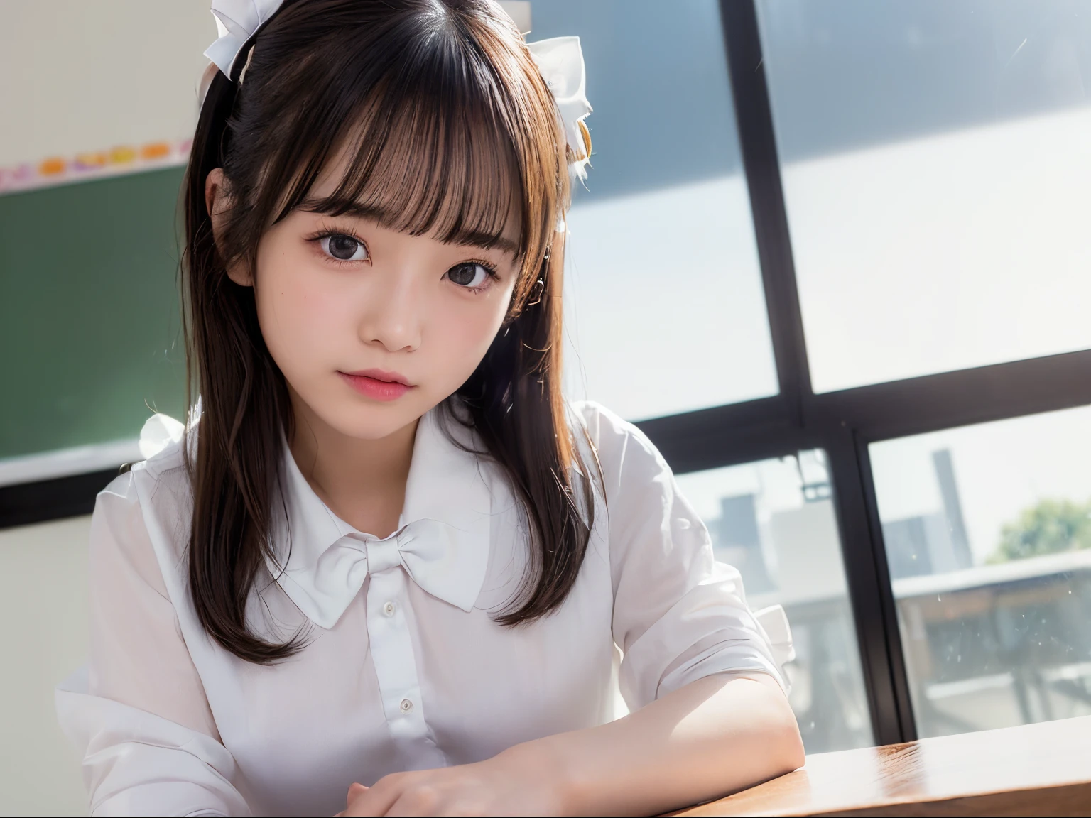 ((8K、Raw photography、top-quality、​masterpiece)、high definition RAW color photos professional close-up photos、(realisitic、photorealisim:1.37)、(top-quality)、(Best Shadows)、鎖骨, ((up of face))、((directly in front))、A sexy、超A high resolution、High Definition CG Unified 8K Wallpapers、physically-based renderingt、Cinematographic lighting)、a 18 year old girl、 (dress shirts, bow ribbon、high-school uniform:1.2)、High School Classroom, beautiful finely detailed eyes, Light on the Face, ((up of face:1.2)), especially strong light, (Kamimei、ignore:1.2),glowy skin、((A dark-haired、bobhair:1.2))、(kiss face), full of shyness, (The Flash:1.2), NSFW, (Idol)、((Sit at a desk in the classroom:1.2)), ((Good anatomy:1.2))、((Bright and refreshing classroom、blur backgroun:1.2))、face perfect、kawaii faces、(high-angle shot:1.2)