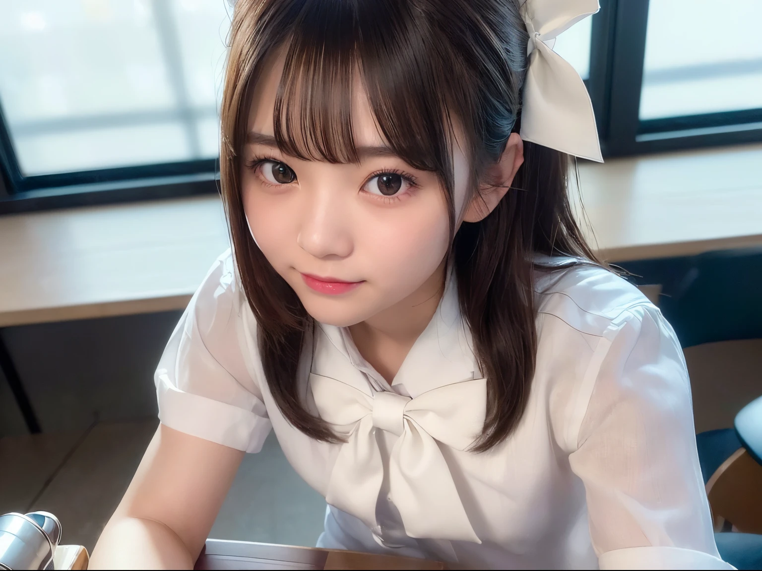 ((8K、Raw photography、top-quality、​masterpiece)、high definition RAW color photos professional close-up photos、(realisitic、photorealisim:1.37)、(top-quality)、(Best Shadows)、鎖骨, ((up of face))、((directly in front))、A sexy、超A high resolution、High Definition CG Unified 8K Wallpapers、physically-based renderingt、Cinematographic lighting)、a 18 year old girl、 (dress shirts, bow ribbon、high-school uniform:1.2)、High School Classroom, beautiful finely detailed eyes, Light on the Face, ((up of face:1.2)), especially strong light, (Kamimei、ignore:1.2),glowy skin、((A dark-haired、bobhair:1.2))、(kiss face), full of shyness, (The Flash:1.2), NSFW, (Idol)、((Sit at a desk in the classroom:1.2)), ((Good anatomy:1.2))、((Bright and refreshing classroom、blur backgroun:1.2))、face perfect、kawaii faces、(high-angle shot:1.2)