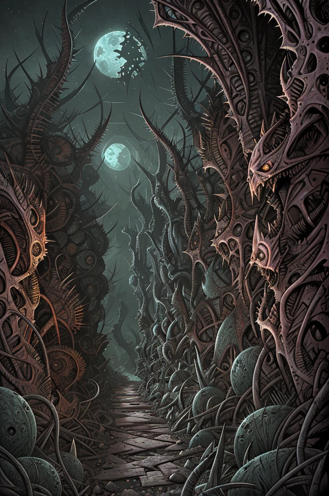 horror art landscape, a valley of biomechanicals structures, futurist horror place, spiked walls, madness, thorns, unreal engine. Horror art, unreal sketch color drawing. Illustration by Dan Seagrave