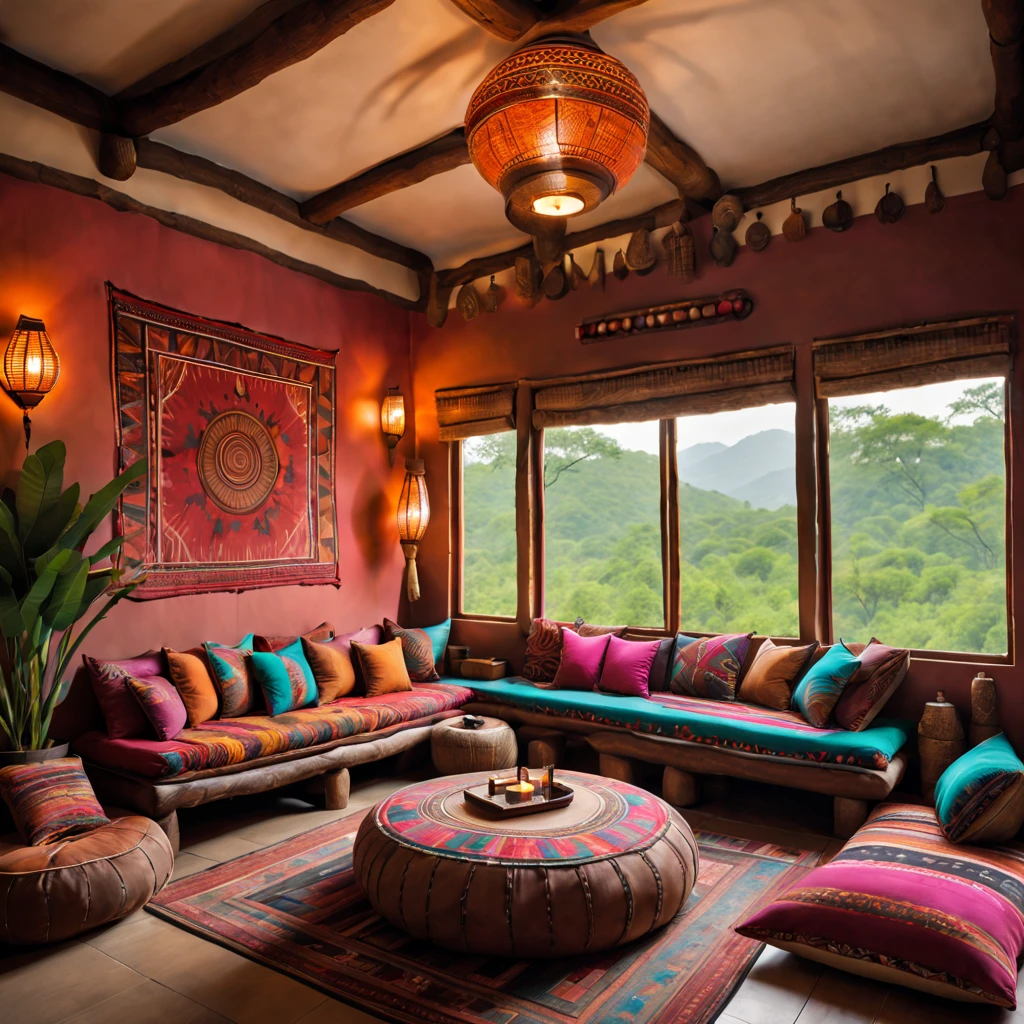 a spacious tribal-style lounge, tribal decorations, cozy seating area, vibrant color scheme, intricate patterns, natural materials, ethnic-inspired textiles, wooden furniture, soft ambient lighting, tribal artifacts, comfortable cushions, large windows overlooking nature, tribal music playing, inviting atmosphere