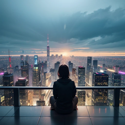Sit on your knees and stare into the distance。skyscrapers line up。natta。rain is falling。