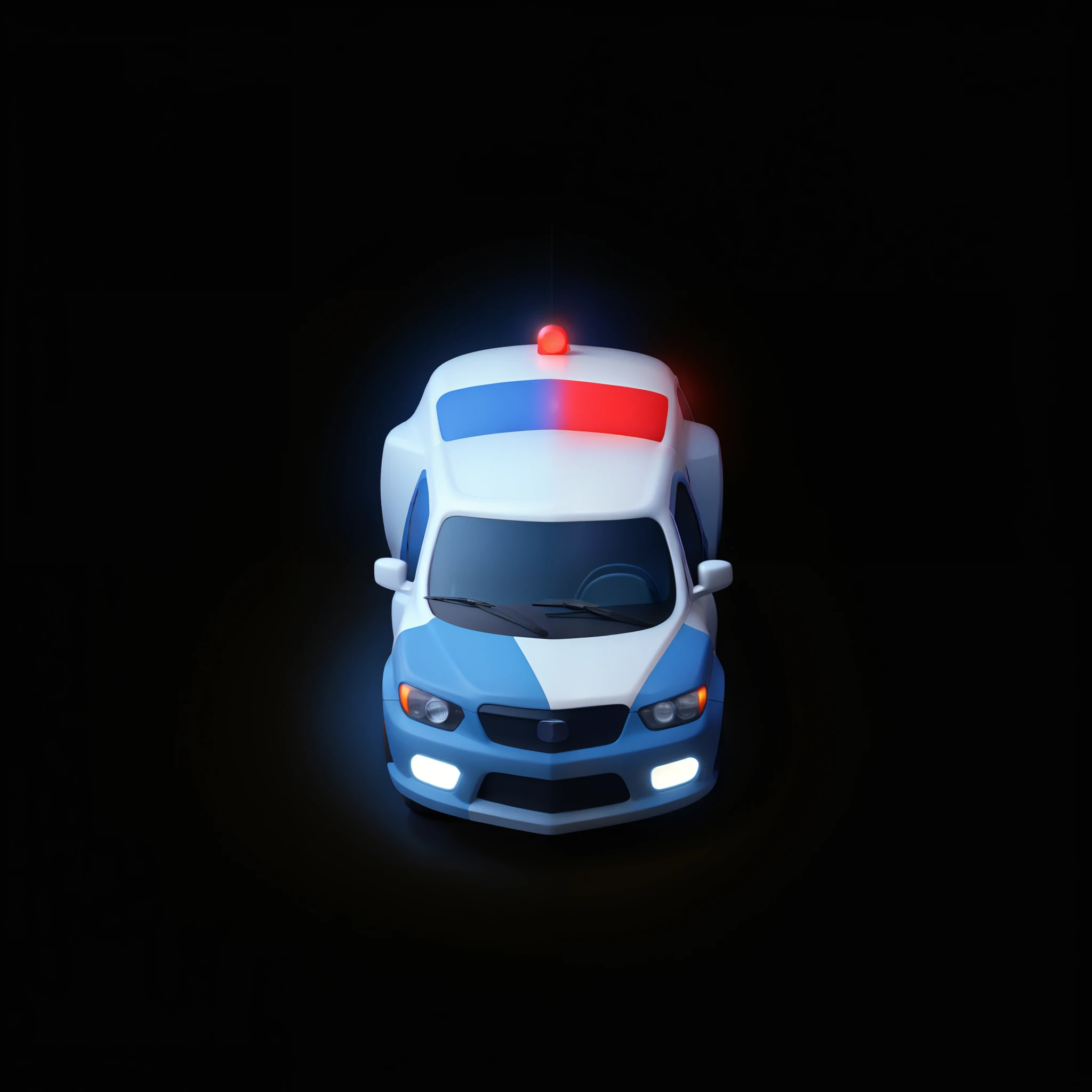 A police car, There are red and blue police lights on the back of the car, Simple 3D flat design, 3d,photorealestic