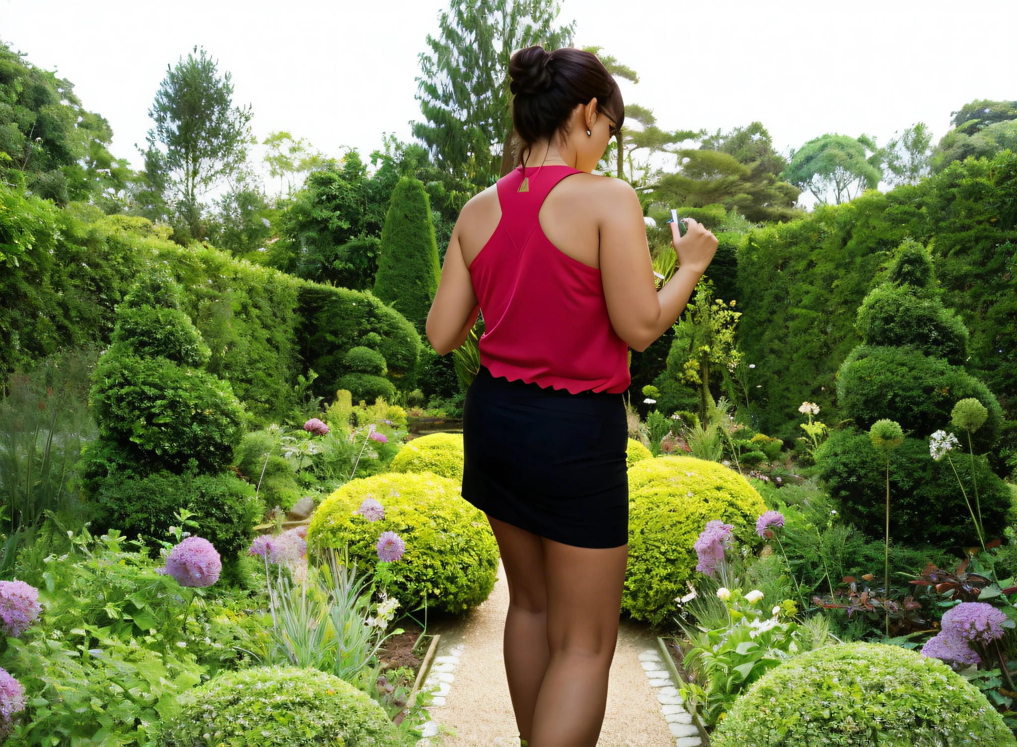 there is a woman walking down a path in a garden, Caminhando no jardim, no jardim, ancient garden behind her, Costas - Pneu, no jardim, she is the center of the garden, belos arredores, amidst nature, jardinagem, standing in a botanical garden, Arredores exuberantes, em um jardim, photo from behind, jardim exuberante no fundo