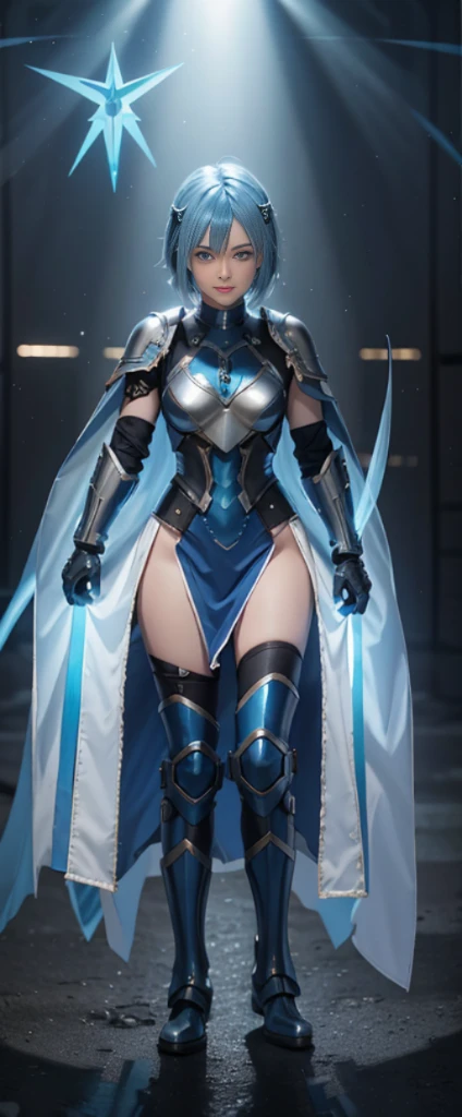 blue hair,Nice face,blue military armor,Heterochromatic pupil,ssmile,rays of sunshine,Full body photo,the soft light,The stands up,Full body lesbian,High Picture Quality,16K quality
