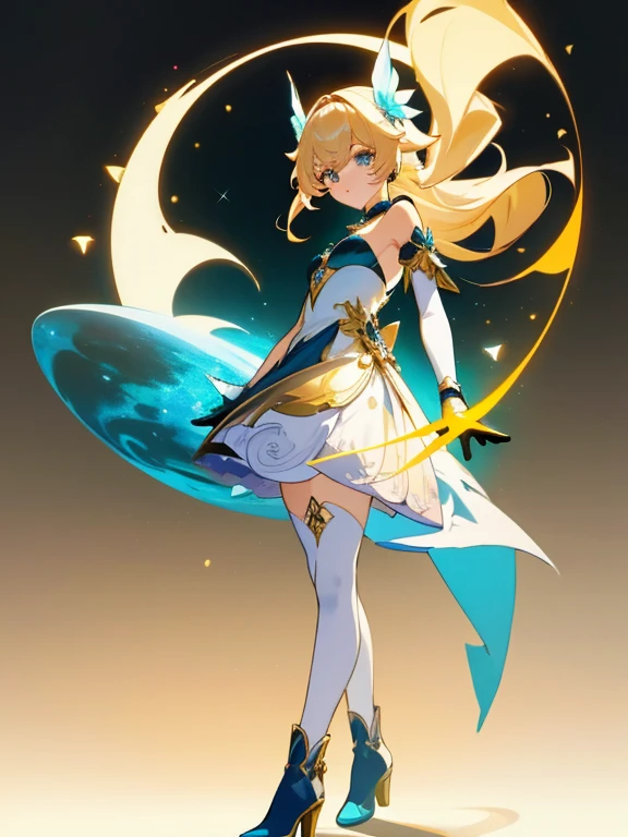 absurd res, high res, (masterpiece:1.4) genshin impact, genshin style, looking at viewer, standing, ultra-detailed, 1girl, accurate body limbs, full body, celestial, no dress, space, ripped stockings, small dress, window boob, silk, syal, boots, white and gold and light blues, turquois, abyss, gloves, crystals , blonde hair, blue eyes, smoky eyes, long unique style hair, tall, golden, hair accessories', gradient, simple background, tire eyes