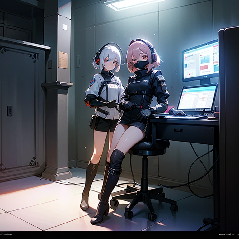 ((hiquality)), ((Masterpiece)), 8K, 2girls, bodyarmor, light beams, extremely detailed CG unity 8K wallpapers, game cg, looking a viewer, gloves, knee boots, full - body, watch, computer, mask, drone, holding weapon, earphones,