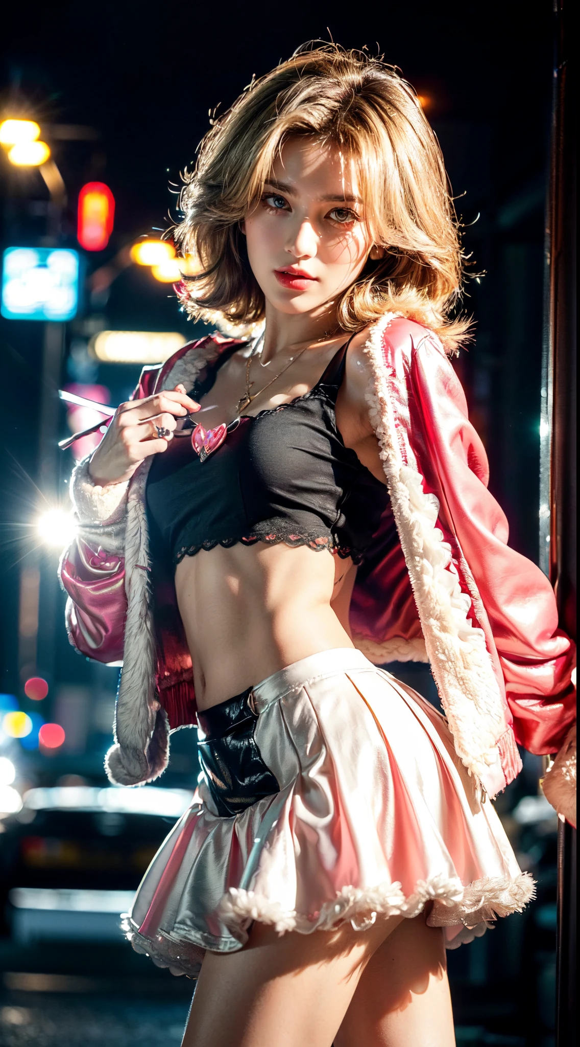 (Ultra-detailed eyes), (((textile shading))), (((Best Quality))), (((masutepiece))), (((Ultra-detailed CG))), sassy girl, (((magical girl))), (Petite), (tiny chest), blonde hair, blonde hair, blonde hair, pin up emo, ((short hair, gorgeous hair)), Pink eyes, (((retro style, , black and pink faux fur trim carduroy jacket, y2k, scallop skirt))), ((striking a pose)), (((Game CG)) (gorgeous, sassy, it girl), fancy jewelry, full led on background, sparkling led on background, retro light, retro vibe, light retro led, magic disco light led, strong 80s atmosphere, cowboy shot, midshot, centered image, eye on camera