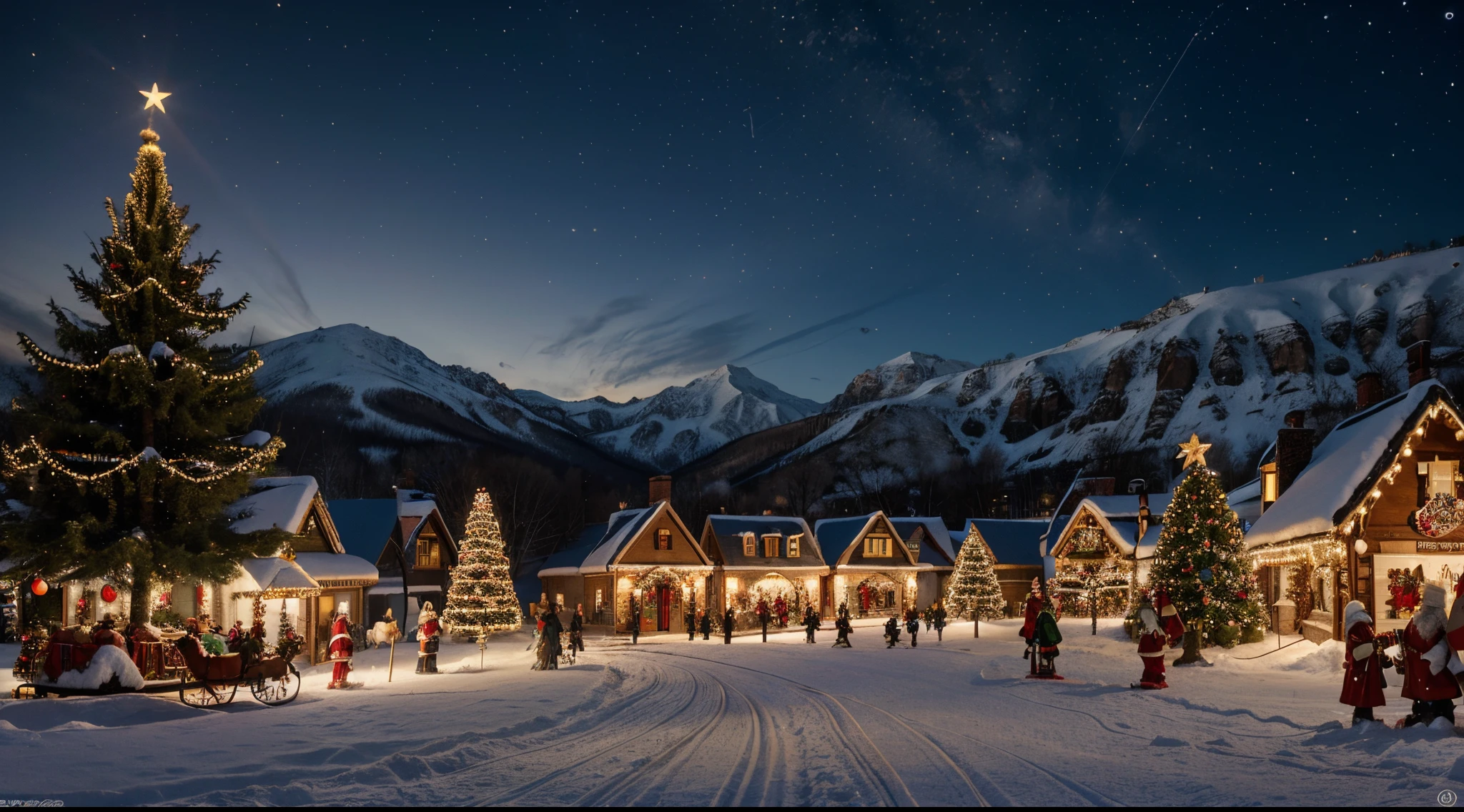 Christmas village with Santa Claus and his sleigh flying over the village, Noite de Natal, Noite de Natal de inverno nevada, Oficina do Papai Noel, arte tradicional, Very high resolution