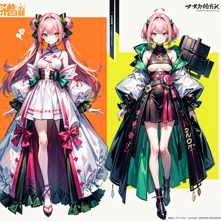 Character Sheets, Three types，Shot Full Body，Game Character Design，Victorizo ∨TSE∨,Stylistic expression, pastel colors, green, Toxic Green,  absurdress, Full of Details,2 d anime style, anime moe art style, Jazz & Increased, cute art style, Anime-style illustration, anime girl, Author: Kamagurka, in Pixiv, pixiv style, pixiv, in anime style, anime art style, Full Body Commission, neon colors, neon green, The same character, absurdress,traditional Chinese clothing,Full of Details, ((Character design sheet,same character,front,side,backboob)),illustartion, big weapon, Cyborg, baggy clothes, bright pink, long pink hair, baggy clothes ， Snowman padded jacket，anime character reference sheet，[character design]，full height