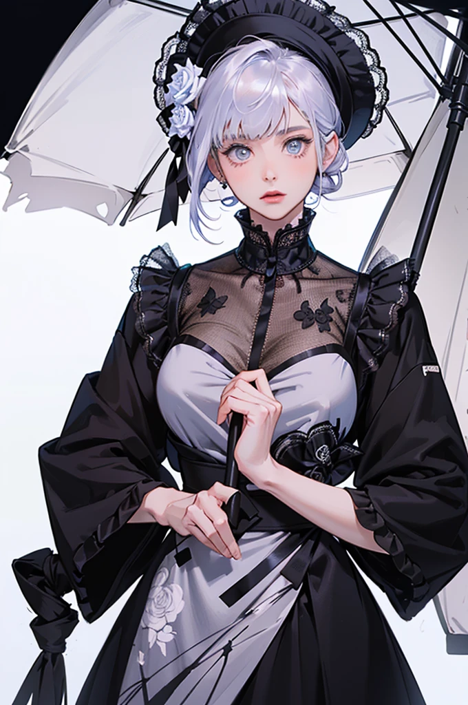 focusing on people. Create the best glowing composition of a person、Express. ((masutepiece)), (((Highest Quality)))), ((Ultra Detail)), (A hyper-realistic), (highly detailed CGillustration), (Very delicate and beautiful), Masterpieces of beautiful girls, Highest Quality, Realistic skin, Realistic fabric, Realistic illustrations centered on girls with realistic textures, Japan people, Realistic, Highly detailed eyes focused front and center. This is the absolute rule, and the following sentence expresses the image quality. This is the greatest masterpiece in the history of Ichigo Inuzuki&#39;s class., The person with the greatest artistic talent in human history、Discover unparalleled beauty、I risked my life to draw the most beautiful person. Create stunning anime artwork that is currently trending on seaStation, Showcasing exquisite beauty and seductive aesthetics. "Spreading out before my eyes is a beautiful girl dressed in Gothic Lolita fashion... her presence is overwhelming, Her vision exceeds that of her predecessors., And she is extremely afraid of falling into the hands of a surrealist artist... Her beautiful and unique body shape is attracting attention in Gothic Lolita fashion.. Black dress、Luxuriously decorated with lace and ribbons、Design with attention to detail。. long enough to touch the floor、Delicate rose embroidery on the hem。. On her chest, The pure white chiffon blouse is lovely, Elegant high neck design emphasizes her delicateness. The sleeve of the blouse wraps around your arm., The edges are delicately finished with lace and ribbon... On her head is a black lace bonnet, The edges are studded with fine pearls... Elegant embellishments beautifully frame her look. What he holds in his hand is a black parasol decorated with lace, Elegant design that brings out your femininity. turned into a wonderful being. Make your face more beautiful with Blackley