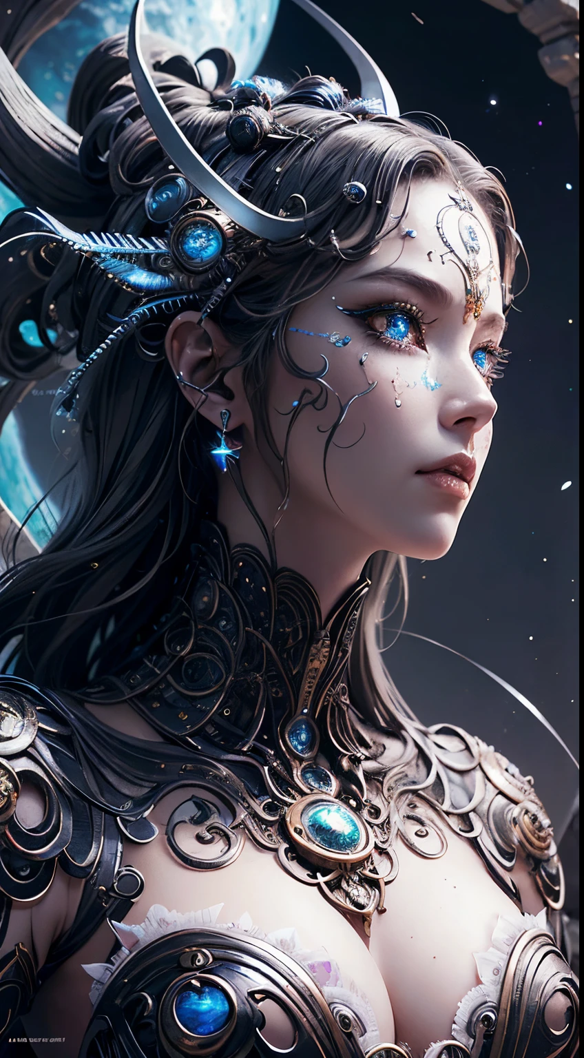 (best qualtiy,ultra - detailed,best best illustration,The best shadow,tmasterpiece,hight resolution,professionalartwork,famousartwork),A detailed eye,beautidful eyes,Close-up cleavage,sci-fy,colored sclera,Robotic eyes,face markings,Tattoos,(fractalized,Fractal Eye),largeeyes,largeeyes,(Eye focus),surface focus,the eye of the universe,Spaceeye,Close up of metal sculpture of woman with moon in hair,Welcoming。extremely high detail,3D Goddess Portrait,Goddess is very knowledgeable,a stunning portrait of a goddess,goddess profile avatar,portrait of a beautiful goddess,Goddess full body close-up,goddess hecate,portrait of a norse moon goddess,goddess of space and time