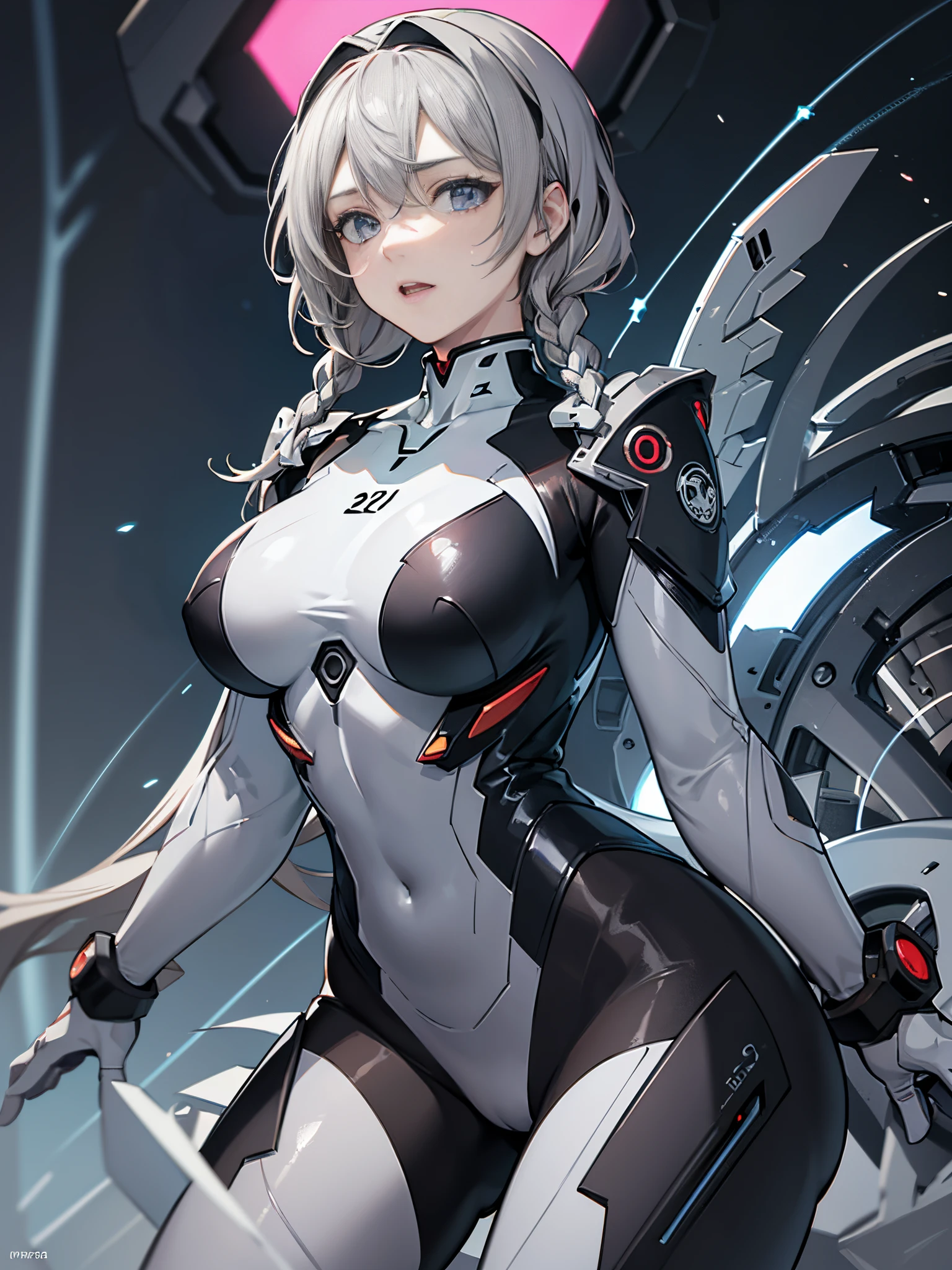 ((Best Quality)), ((masutepiece)), (Detailed: 1.4), (Absurd), Female fighter pilots ready for war, Dark skin, flash dc comics, lightning and lightning, muscular sculptural body defined, Full body, half-thick naked thighs, Closed mouth, muscular body covered in technological clothing, Neon Genesis Evangelion style, Cyberpunk, generous neckline, ((perfect medium breasts)), (Super light blue eyes without pupils),  ((White and dark red clothes)), (((gray hair in braids))), long eyelashes heavy makeup, by mucha, niji --V5, close to real, psychopath, Crazy face, Sexy Pose, Genesis Evangelion neon style robot giant head background, 2 pieces clothing, Airplane winged shoulder pads, pastel, Centered, scale to fit the dimensions, nffsw (High dynamic range), Ray tracing,NVIDIA RTX,Hyper-Resolution,Unreal 5,Subsurface Dispersion, PBR Texture, Post-processing, Anisotropy Filtering, depth of fields, Maximum clarity and sharpness, Multilayer textures, Albedo and specular maps, Surface Shading, accurate simulation of light and material interactions, Perfect proportions, Octane Render, Two-tone lighting, Wide aperture, Low ISO, White Balance, thirds rule, in 8K, Crysisnanosuit,Blue eyes