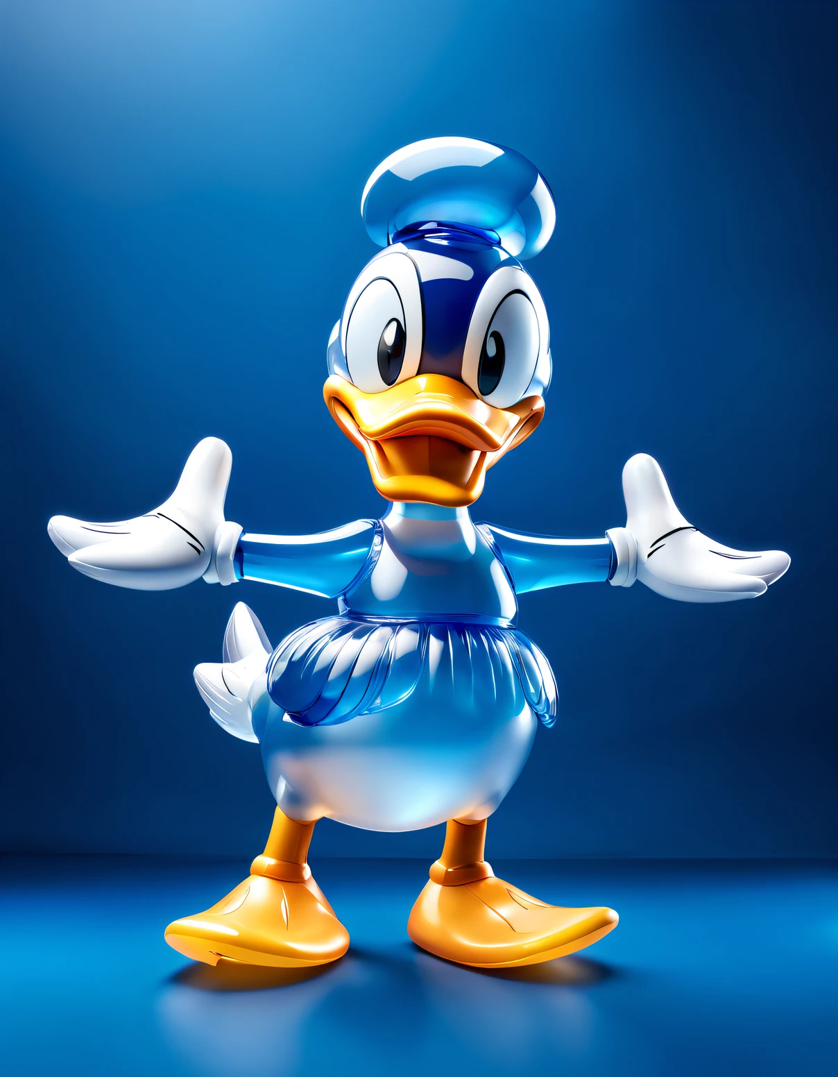 (Close up of blue transparent Donald Duck inflatable toy on blue background)(Poster design),(Inflatable balloon toy design),,blue creative design, Performing arts, Creative and stylish, Holographic design, 3D, c 4 d style, Best quality,