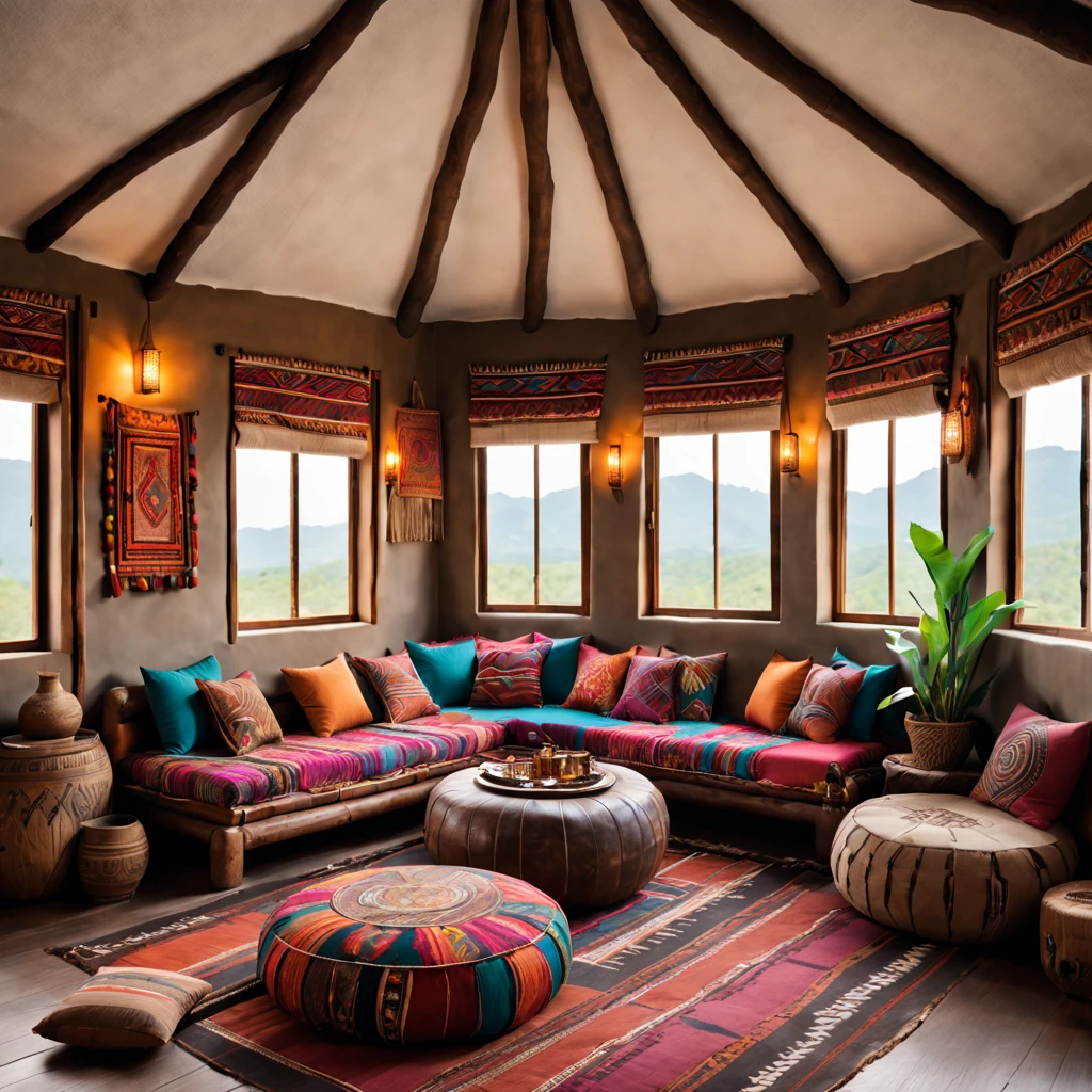 a spacious tribal-style lounge, tribal decorations, cozy seating area, vibrant color scheme, intricate patterns, natural materials, ethnic-inspired textiles, wooden furniture, soft ambient lighting, tribal artifacts, comfortable cushions, large windows overlooking nature, tribal music playing, inviting atmosphere
