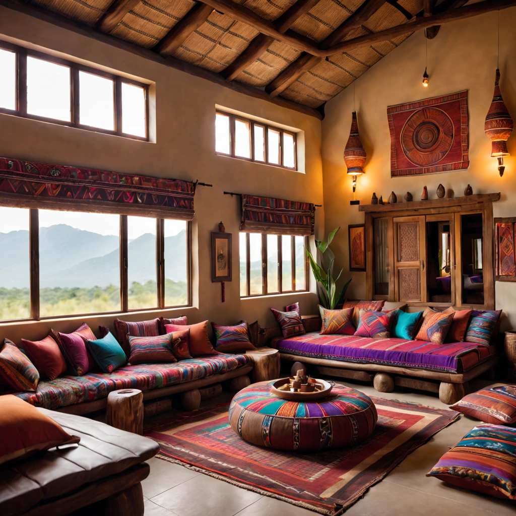 a spacious tribal-style lounge, tribal decorations, cozy seating area, vibrant color scheme, intricate patterns, natural materials, ethnic-inspired textiles, wooden furniture, soft ambient lighting, tribal artifacts, comfortable cushions, large windows overlooking nature, tribal music playing, inviting atmosphere