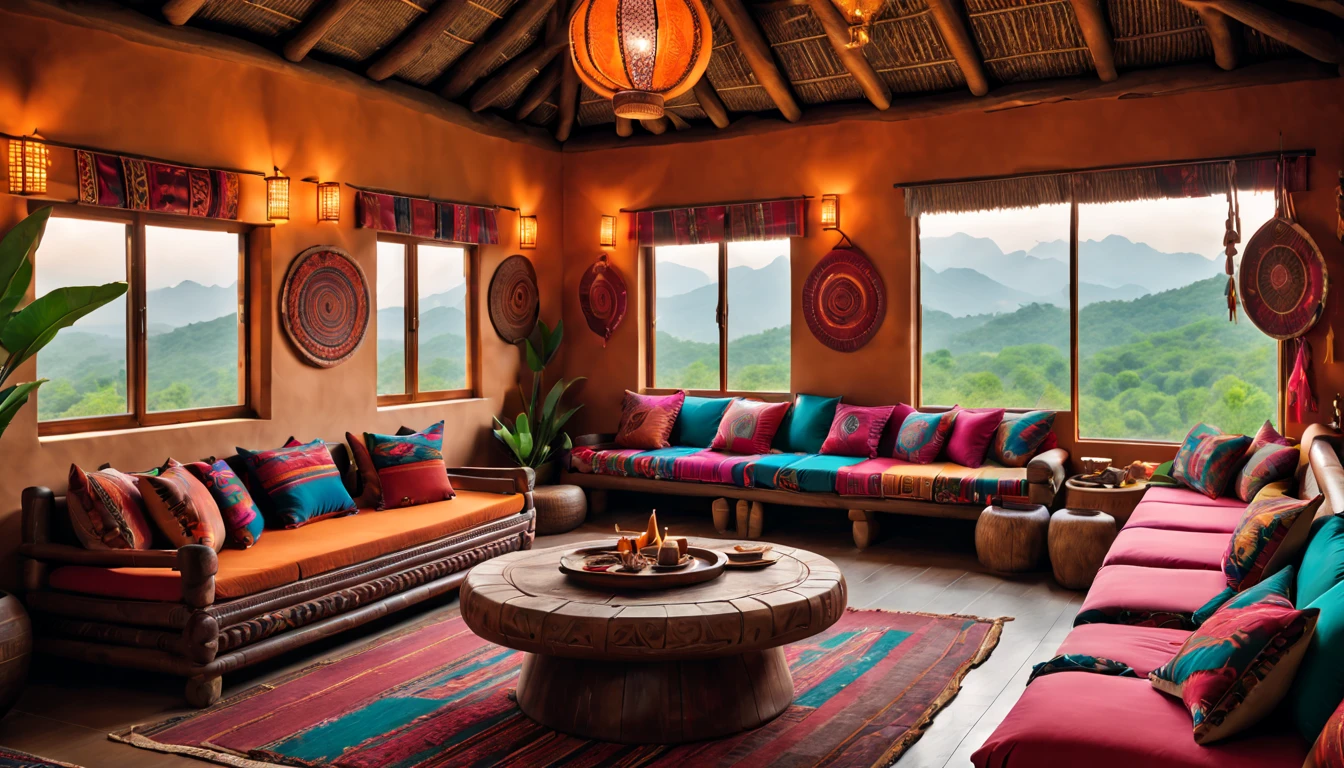 a spacious tribal-style lounge, tribal decorations, cozy seating area, vibrant color scheme, intricate patterns, natural materials, ethnic-inspired textiles, wooden furniture, soft ambient lighting, tribal artifacts, comfortable cushions, large windows overlooking nature, tribal music playing, inviting atmosphere