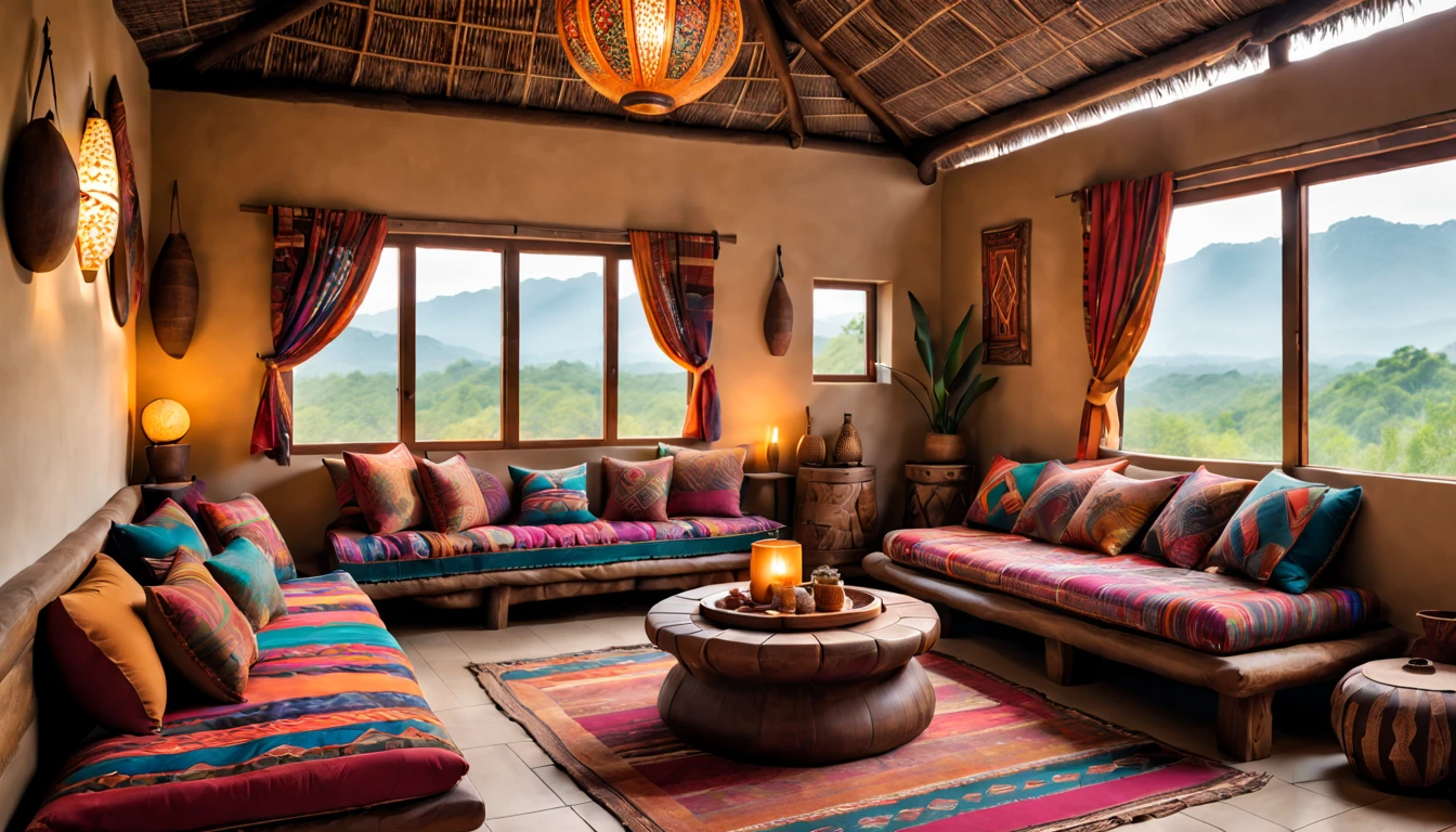 a spacious tribal-style lounge, tribal decorations, cozy seating area, vibrant color scheme, intricate patterns, natural materials, ethnic-inspired textiles, wooden furniture, soft ambient lighting, tribal artifacts, comfortable cushions, large windows overlooking nature, tribal music playing, inviting atmosphere