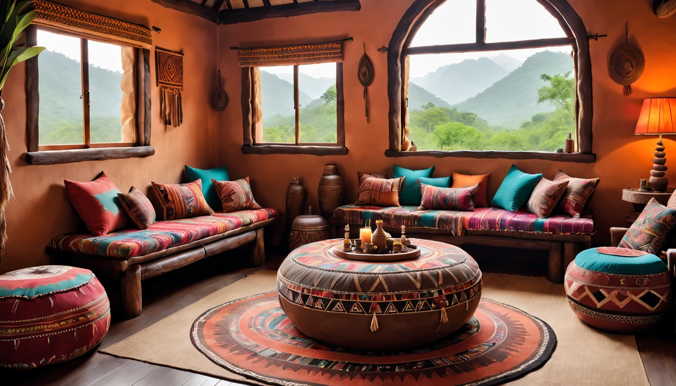 a spacious tribal-style lounge, tribal decorations, cozy seating area, vibrant color scheme, intricate patterns, natural materials, ethnic-inspired textiles, wooden furniture, soft ambient lighting, tribal artifacts, comfortable cushions, large windows overlooking nature, tribal music playing, inviting atmosphere
