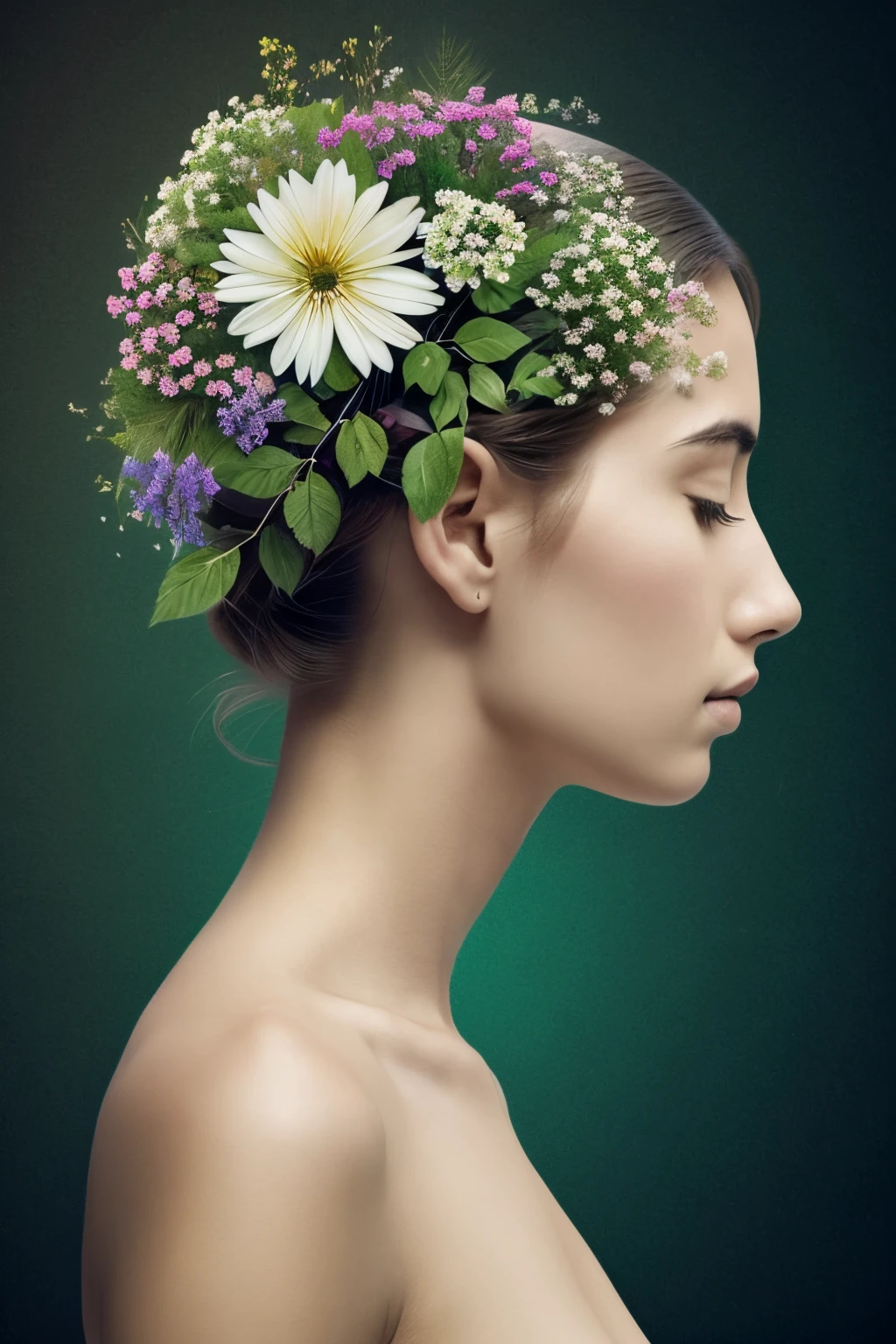 Tranquility and serenity of flowers growing out of a human mind, highly detailed