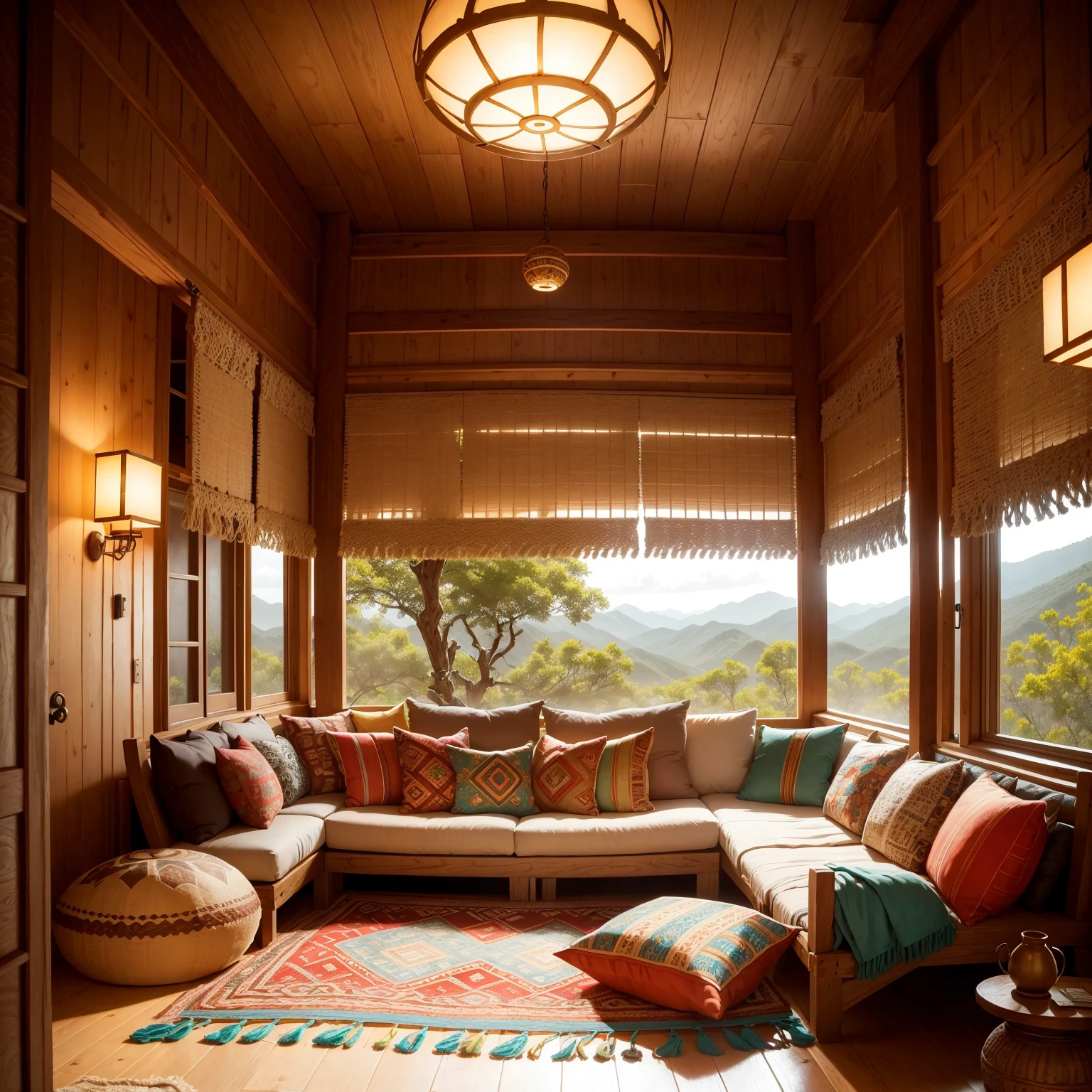a spacious tribal-style lounge, tribal decorations, cozy seating area, vibrant color scheme, intricate patterns, natural materials, ethnic-inspired textiles, wooden furniture, soft ambient lighting, tribal artifacts, comfortable cushions, large windows overlooking nature, tribal music playing, inviting atmosphere