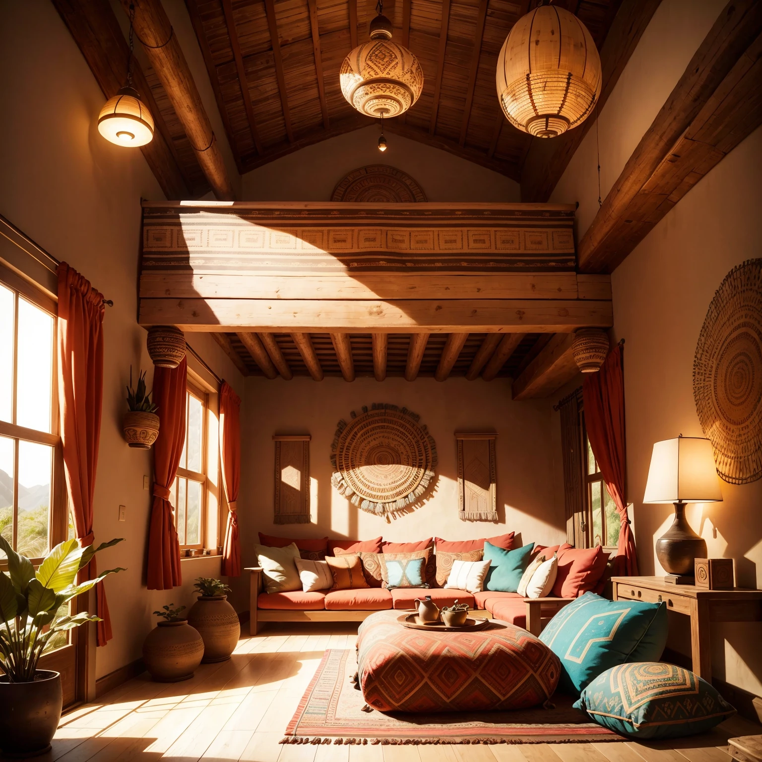 a spacious tribal-style lounge, tribal decorations, cozy seating area, vibrant color scheme, intricate patterns, natural materials, ethnic-inspired textiles, wooden furniture, soft ambient lighting, tribal artifacts, comfortable cushions, large windows overlooking nature, tribal music playing, inviting atmosphere