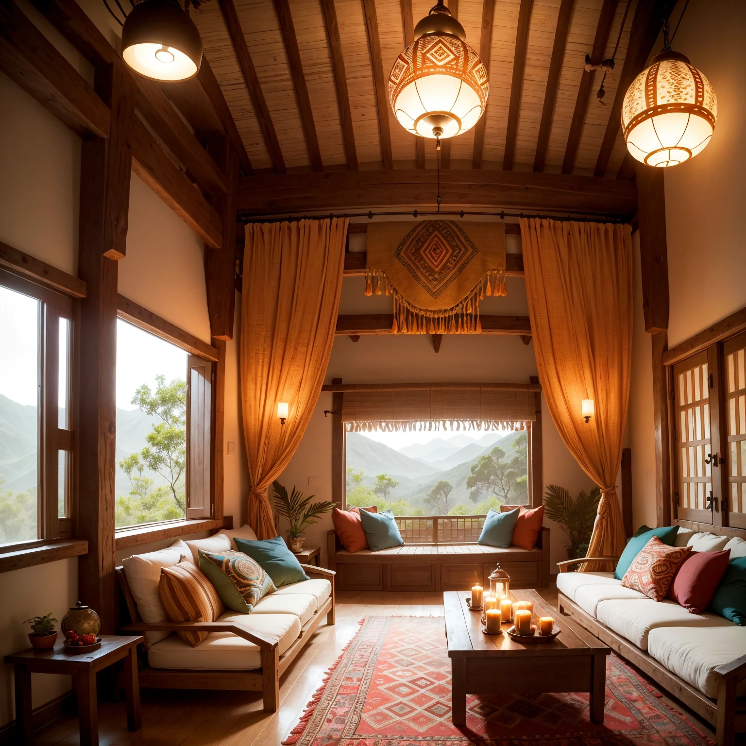a spacious tribal-style lounge, tribal decorations, cozy seating area, vibrant color scheme, intricate patterns, natural materials, ethnic-inspired textiles, wooden furniture, soft ambient lighting, tribal artifacts, comfortable cushions, large windows overlooking nature, tribal music playing, inviting atmosphere