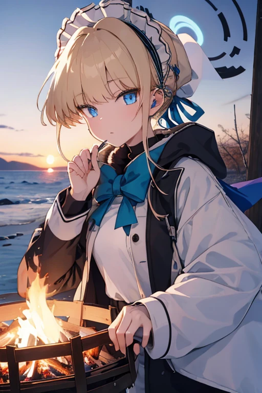 hit the bonfire,Shivering in the cold,Pale face,(​masterpiece、top-quality:1.2), Winter coast, Front view,cowboy  shot, 独奏, 1girl in,Maids, blonde  hair, Maid headdress, blue eyess, blue bow,Black long coat,