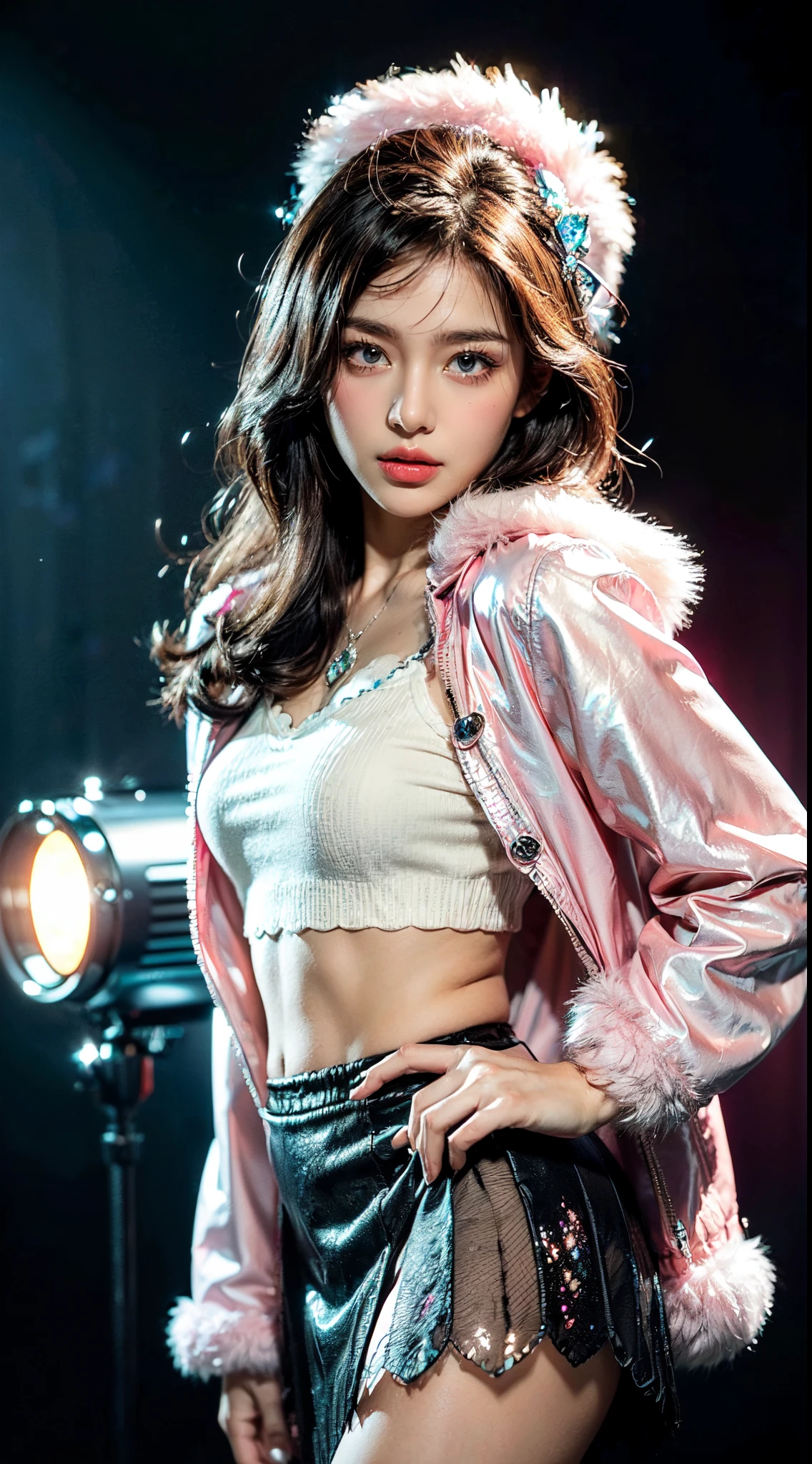 (Ultra-detailed eyes), (((textile shading))), (((Best Quality))), (((masutepiece))), (((Ultra-detailed CG))), sassy girl, (((magical little girl))), (Petite), (tiny chest), black hair, black hair, black hair, pin up emo, ((gorgeous hair)), Pink eyes, (((retro style, , black and pink faux fur trim carduroy jacket, y2k, scallop skirt))), ((striking a pose)), (((Game CG)) (gorgeous, sassy, it girl), fancy jewelry, full led on background, sparkling led on background, retro light, retro vibe, light retro led, magic disco light led, strong 80s atmosphere, cowboy shot, midshot, centered image, eye on camera