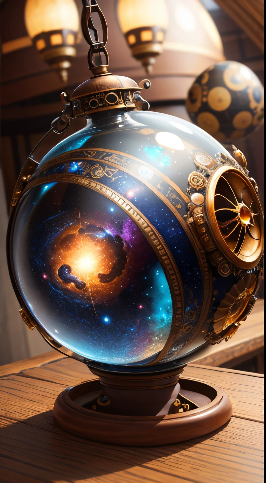 Masterpiece。top-quality。ren。excessive details。steampunkai。Multiple galaxies are trapped inside a glass sphere placed on a table.。