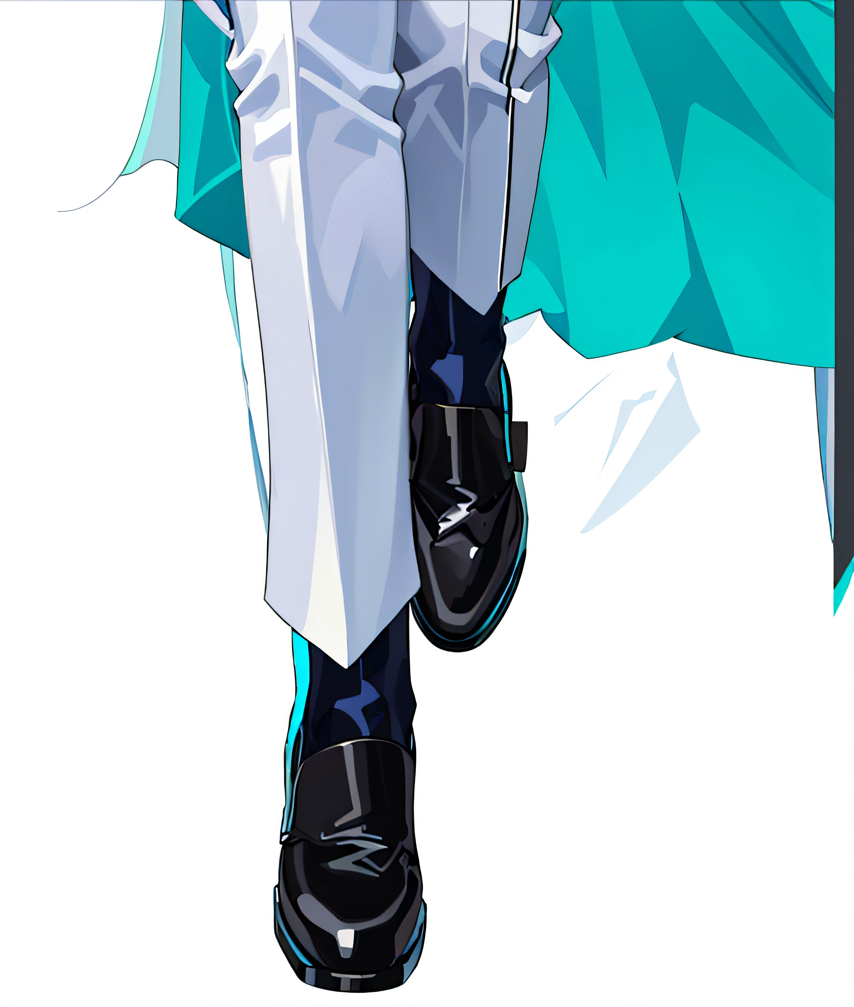 There is a man wearing blue and white clothes and black shoes, white and cyan clothes, full body detailing, Wear cyan clothing, Produced by Anime Painter Studio, full body close-up shot, Character art close-up, ((wearing aristocrat robe)), Tall blue eyed anime character, drawn in anime painter studio, Shadow detail, close up character,leather shoes,high-end leather shoes,detail-rich,Clean shape,style of anime