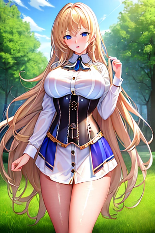 masterpiece, highly detailed CG unified 8K wallpapers, (HQ skin:1.2),8k uhd, dslr, high quality, ((European Russian woman, blue eyes, blonde hair, button-down corset)), standing, outdoors, blond hair, blue eyes, beautiful and detailed eyes, beautiful skin, attractive, ultra-high resolution, high-definition