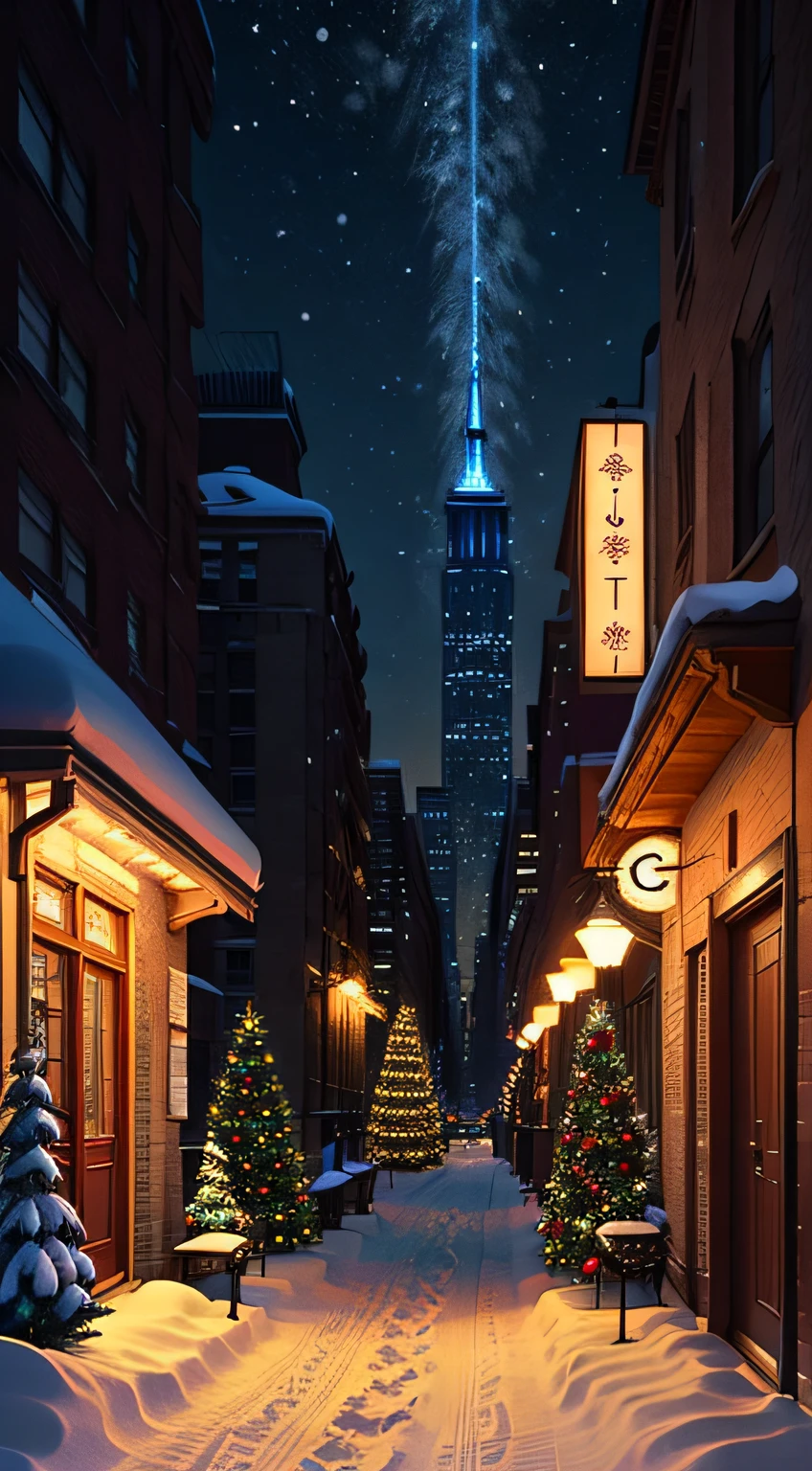Christmas, City of Snow、Illustration style、shiny, , , Complement the lighting,new york night、