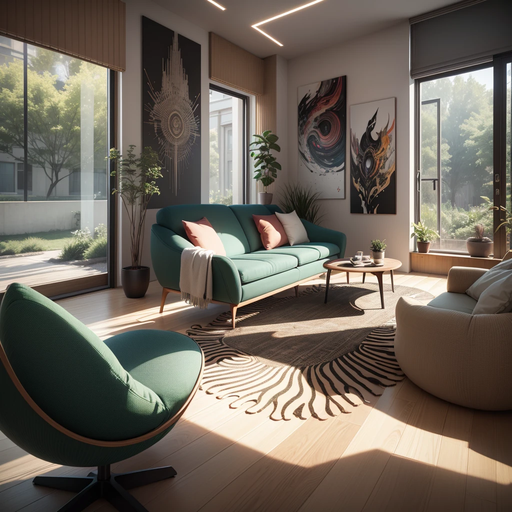 tribal style，Utopian，afofuturism，Postmodern，Spacious lounge style office photos，Inside the room，cozy environment，Modern furniture，sofe，Stylish design，Maximalism，natural  lightting，vivd colour，tribal pattern，Abstract artwork，floor to ceiling window，in a panoramic view，Ergonomic chair，clean linework，Comfortable seating，Plants and greenery，textured walls、Mosaic floor、contemporary art installation、tribal sculpture、organic shapes、Creative atmosphere、State-of-the-art technology、relaxing atmosphere、Inspirational quotes on the wall、A space full of art，tranquil ambiance。(Best quality at best,4K,8K,A high resolution,tmasterpiece:1.2),ultra - detailed,(actual,realisticlying,Photorealistic:1.37)。