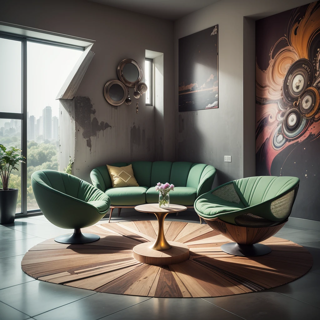 tribal style,Utopian,afofuturism,Postmodern,Spacious lounge style office photos,Inside the room,cozy environment,Modern furniture,sofe,Stylish design,Maximalism,natural lightting,vivd colour,tribal pattern,Abstract artwork,floor to ceiling window,in a panoramic view,Ergonomic chair,clean linework,Comfortable seating,Plants and greenery,textured walls、Mosaic floor、contemporary art installation、tribal sculpture、organic shapes、Creative atmosphere、State-of-the-art technology、relaxing atmosphere、Inspirational quotes on the wall、A space full of art,tranquil ambiance。(Best quality at best,4K,8K,A high resolution,tmasterpiece:1.2),ultra - detailed,(actual,realisticlying,Photorealistic:1.37)。