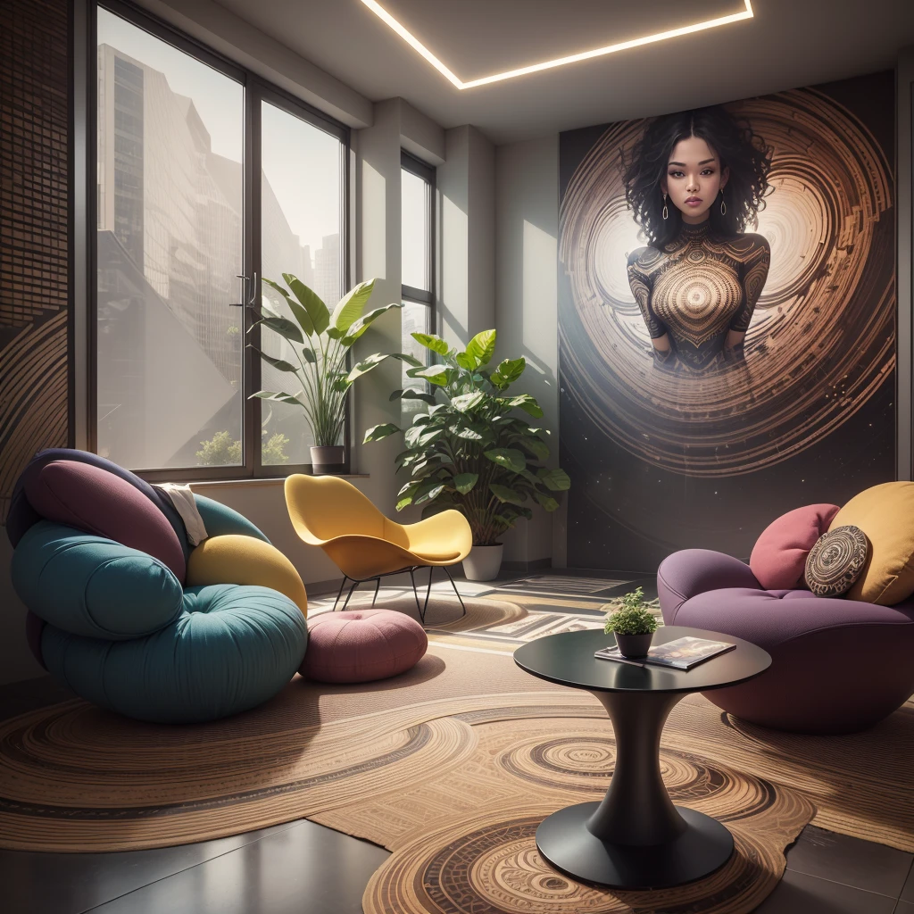 tribal style,Utopian,afofuturism,Postmodern,Spacious lounge style office photos,Inside the room,cozy environment,Modern furniture,sofe,Stylish design,Maximalism,natural lightting,vivd colour,tribal pattern,Abstract artwork,floor to ceiling window,in a panoramic view,Ergonomic chair,clean linework,Comfortable seating,Plants and greenery,textured walls、Mosaic floor、contemporary art installation、tribal sculpture、organic shapes、Creative atmosphere、State-of-the-art technology、relaxing atmosphere、Inspirational quotes on the wall、A space full of art,tranquil ambiance。(Best quality at best,4K,8K,A high resolution,tmasterpiece:1.2),ultra - detailed,(actual,realisticlying,Photorealistic:1.37)。