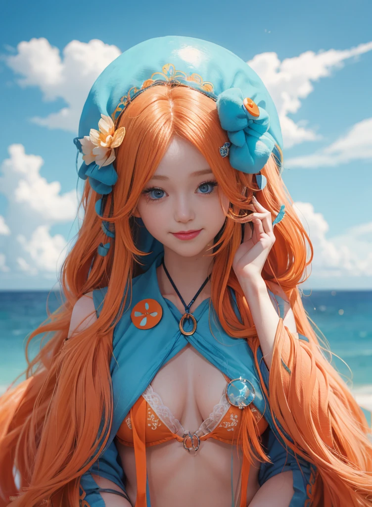orange long hair,Nice face,Blue suspender bikini,Heterochromatic pupil,ssmile,apathy,比基尼,fully body photo,the soft light,Earphone