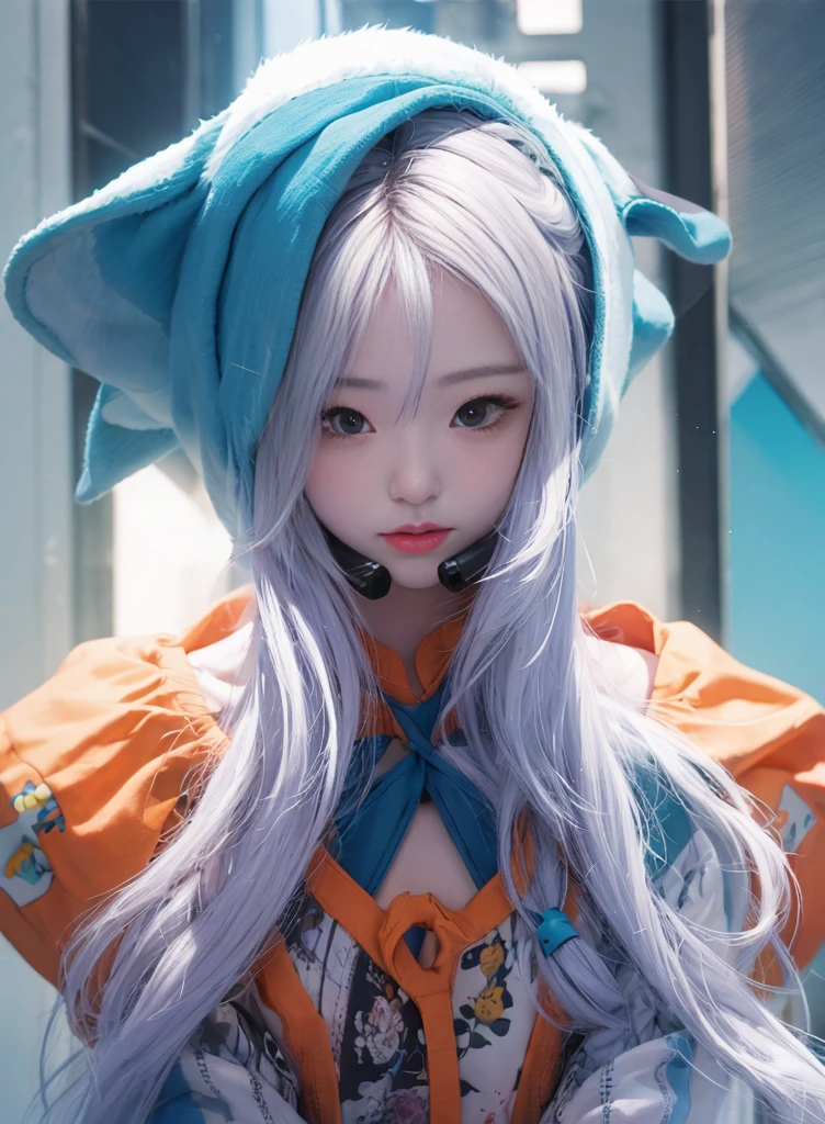 orange long hair,Nice face,Blue suspender bikini,Heterochromatic pupil,ssmile,apathy,比基尼,fully body photo,the soft light,Earphone