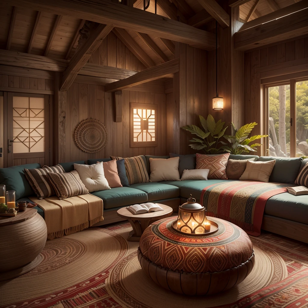 a spacious tribal-style lounge, tribal decorations, cozy seating area, vibrant color scheme, intricate patterns, natural materials, ethnic-inspired textiles, wooden furniture, soft ambient lighting, tribal artifacts, comfortable cushions, large windows overlooking nature, tribal music playing, inviting atmosphere