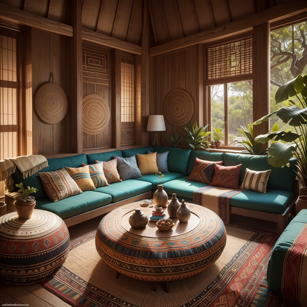 a spacious tribal-style lounge, tribal decorations, cozy seating area, vibrant color scheme, intricate patterns, natural materials, ethnic-inspired textiles, wooden furniture, soft ambient lighting, tribal artifacts, comfortable cushions, large windows overlooking nature, tribal music playing, inviting atmosphere