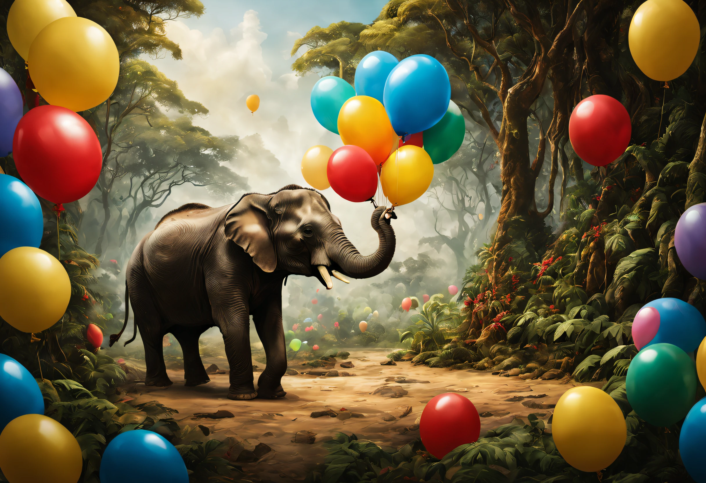 An elephant with colorful balloons attached to its trunk. It is in the middle of the jungle. Tolkien-style magical atmosphere. A wonderful award-winning image