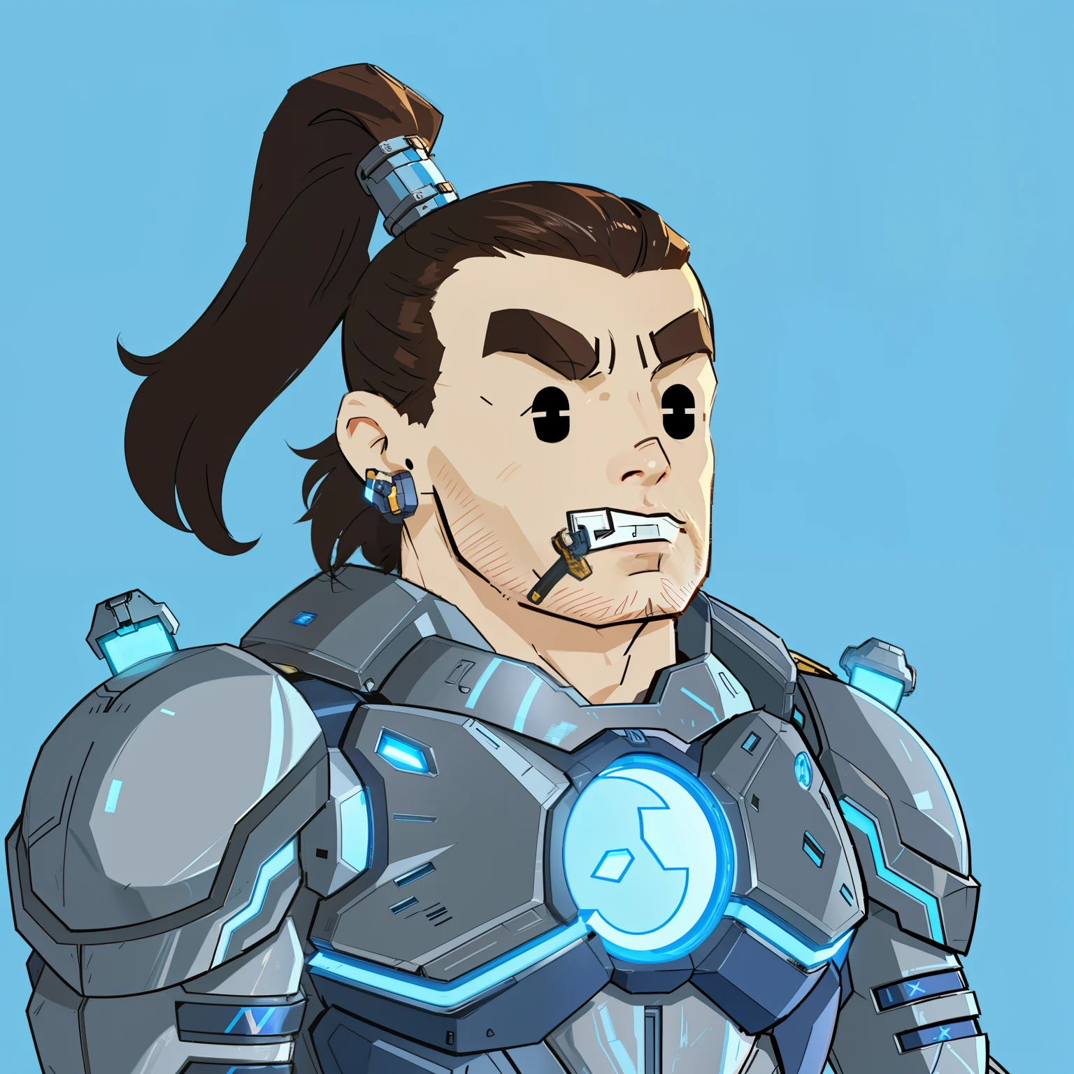 a cartoon of a man in armor with a ponytail and a blue light, sigma from overwatch, as an overwatch character, greek god in mecha style, in hearthstone art style, cyborg portrait, cyborg male, as overwatch character, starcraft 2 videogame character, overwatch character, comic character design, messi as cyborg, face of an armored villian, elon musk as a cyborg