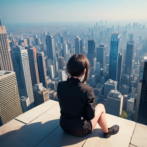 Sit on your knees and look into the distance。skyscrapers line up。Alone。Lonely。Angle of view from above。