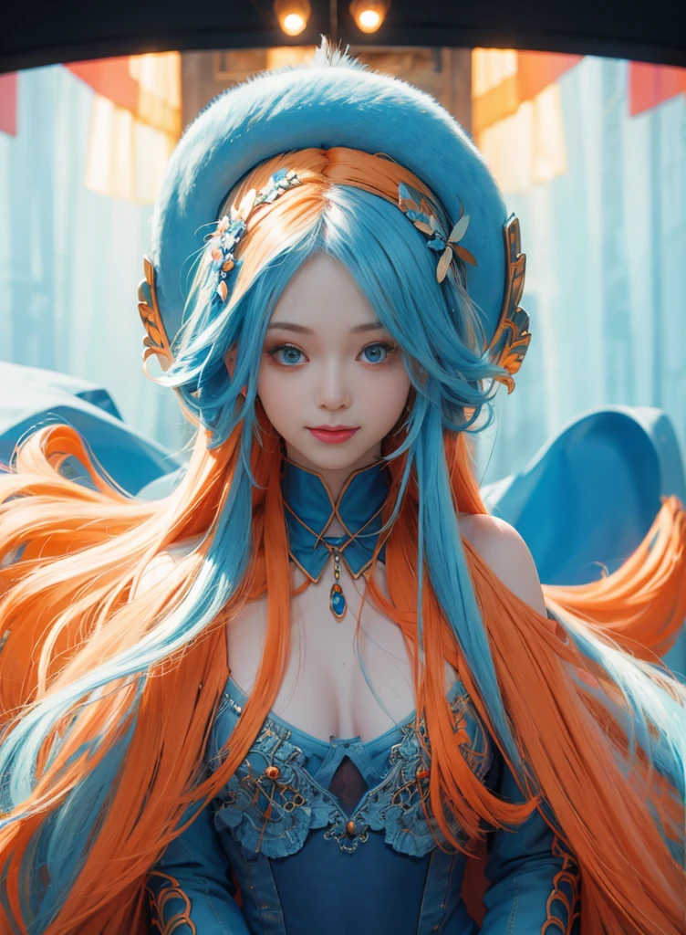 Orange blue long hair,Nice face,Blue suspender bikini,Heterochromatic pupil,ssmile,apathy,比基尼,fully body photo,the soft light,large hat