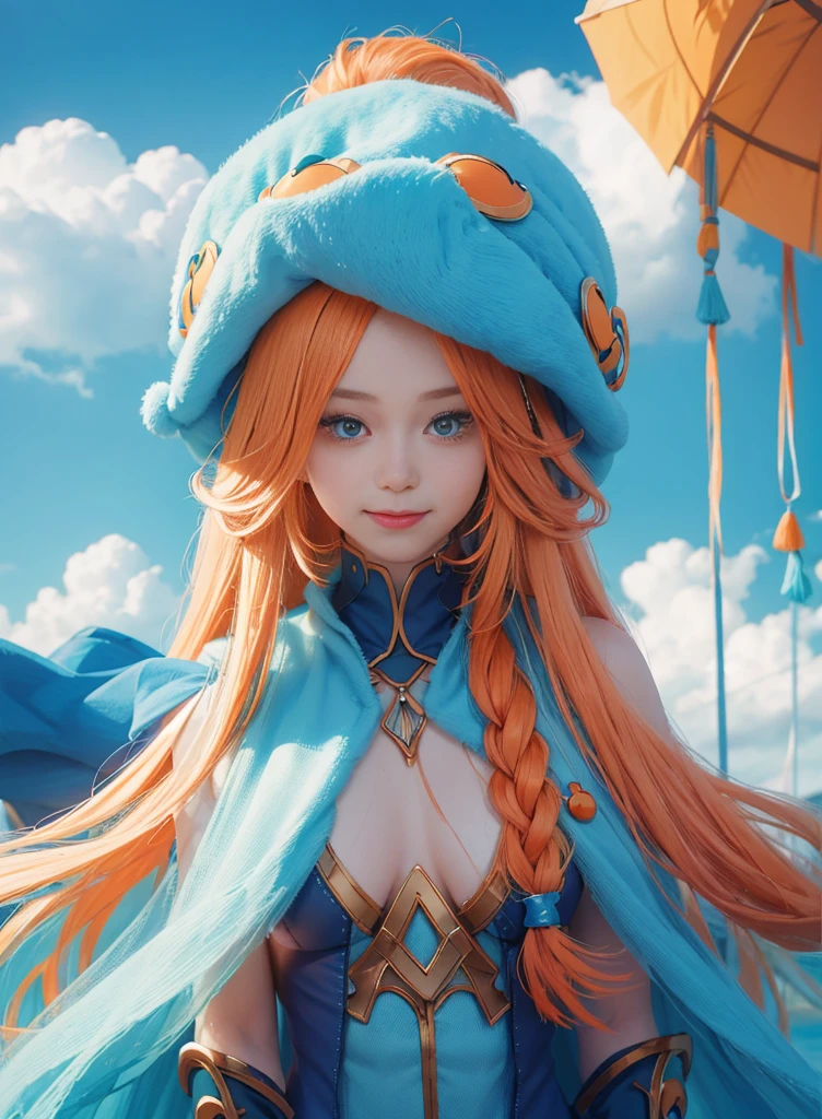 Orange blue long hair,Nice face,Blue suspender bikini,Heterochromatic pupil,ssmile,apathy,比基尼,fully body photo,the soft light,large hat