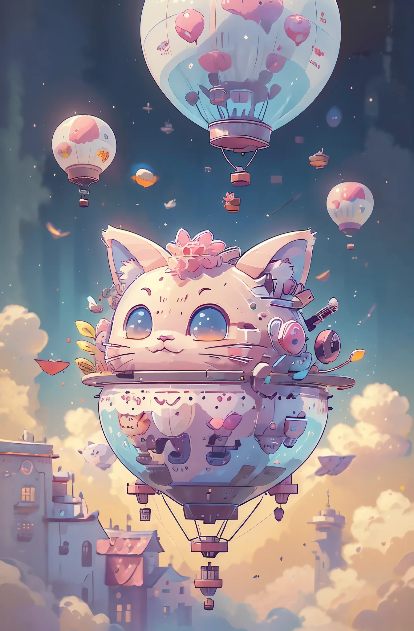 Close-up of balloon cat，Cats are very delicate，Cute cat，hot air balloon，Digital illustration,cyber punk personage, industrial design，The content is very detailed, ultra - detailed,Digital illustration, art  stations, 动态照明, dynamic range，Surreal, hyper HD, Best quality,